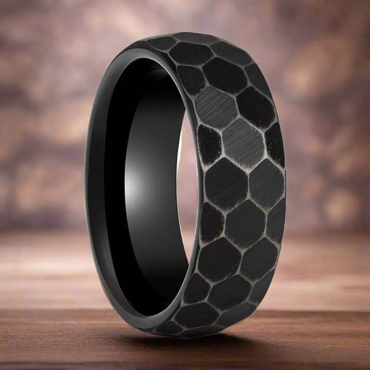 HEXANITE | Black Tungsten Ring, Antiqued Faceted Hammered, Domed