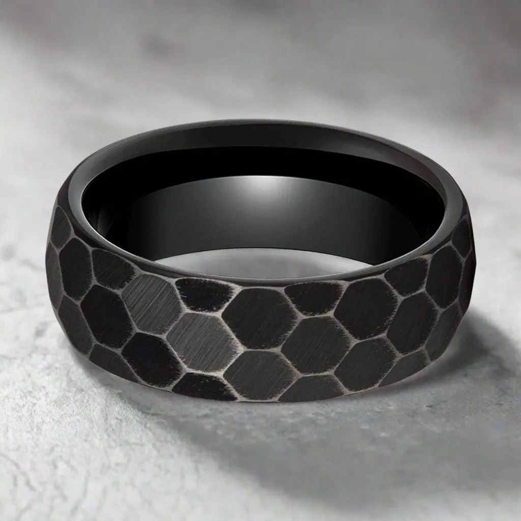 HEXANITE | Black Tungsten Ring, Antiqued Faceted Hammered, Domed