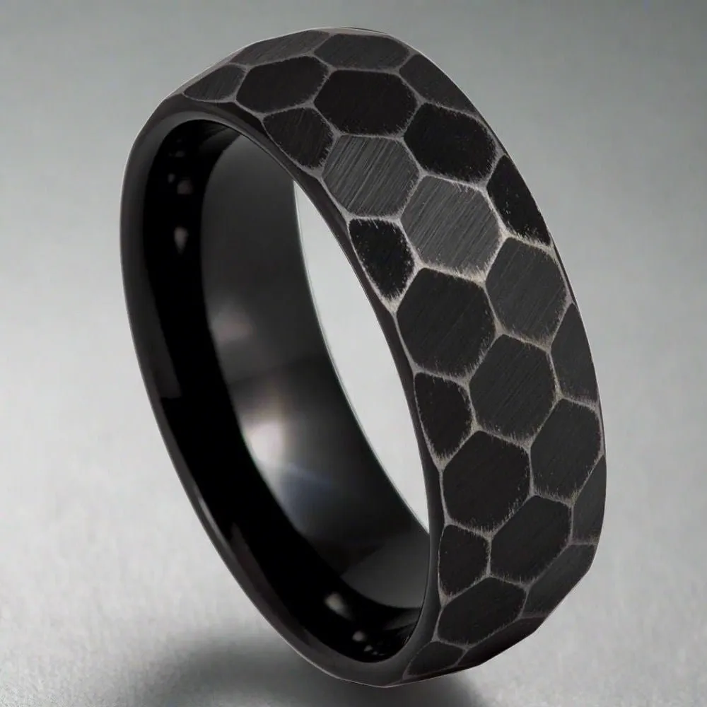 HEXANITE | Black Tungsten Ring, Antiqued Faceted Hammered, Domed