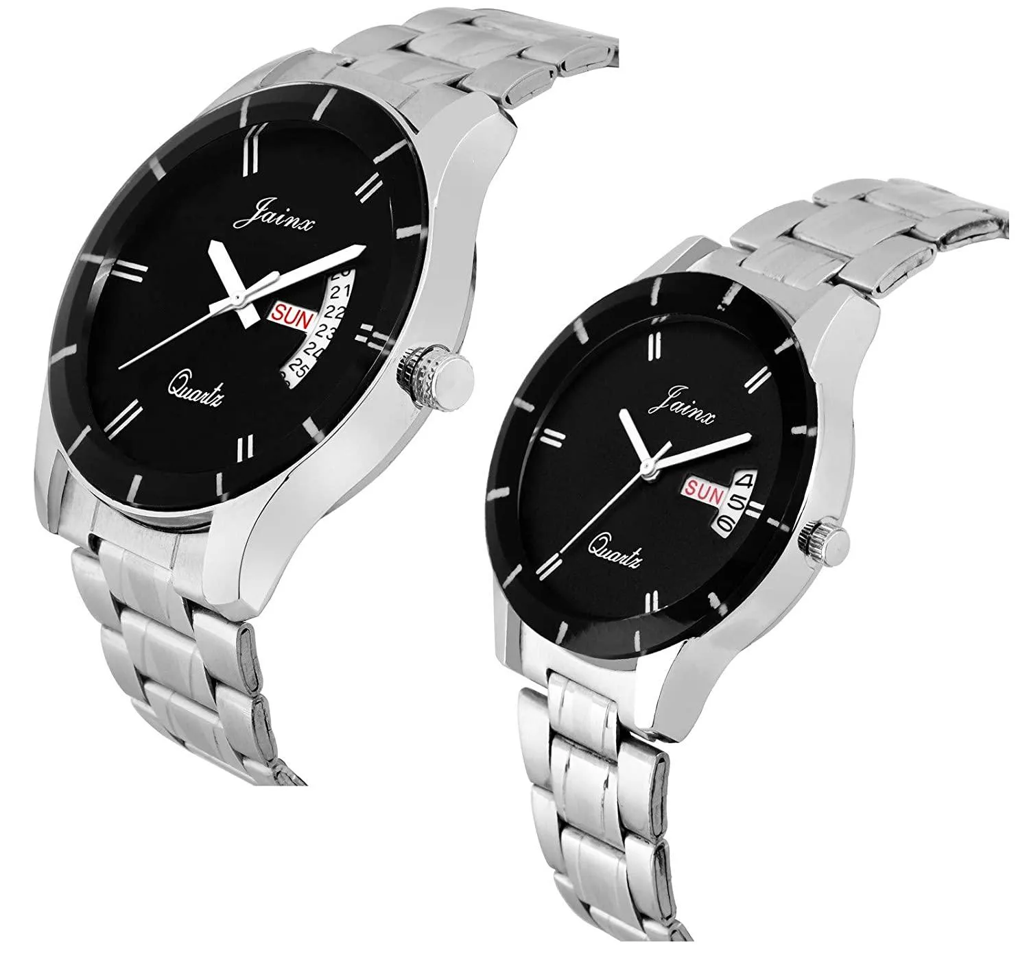 Jainx Day & Date Feature Analogue Couple Watch (Black Dial Silver Colored Chain)