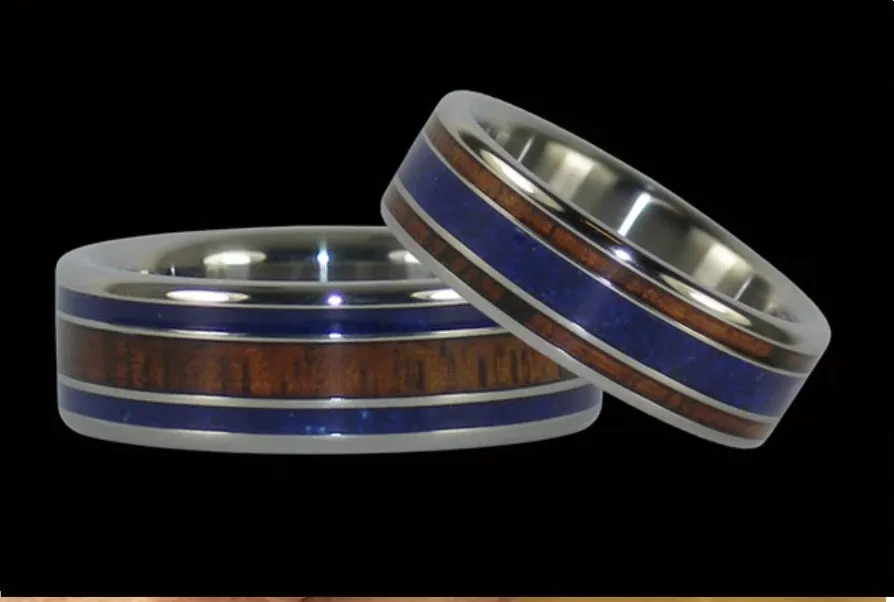 Koa Wood Titanium Ring with Lapis Inlay