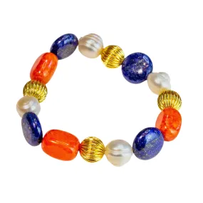 Lapis Lazuli, Carnelian & Baroque Pearl Gemstone Gold Beaded Bracelet