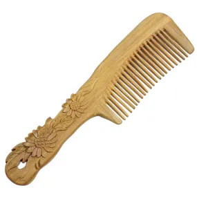 Lignum-vitae Wood Hair Comb w/ Carved Sunflowers Handle