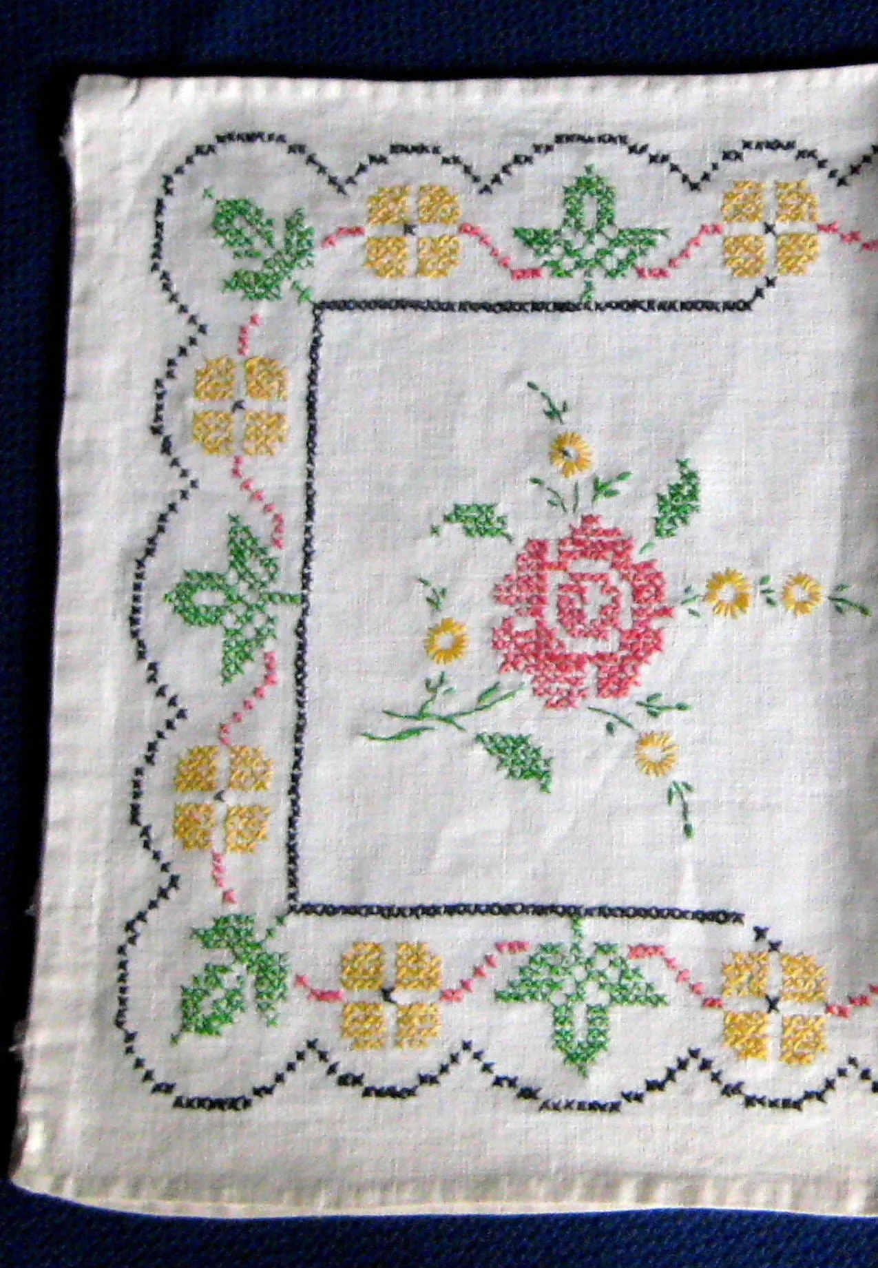 Long Embroidered Dresser Scarf 1920s Linen 40 Inches Cross Stitch Roses Runner Vanity Item