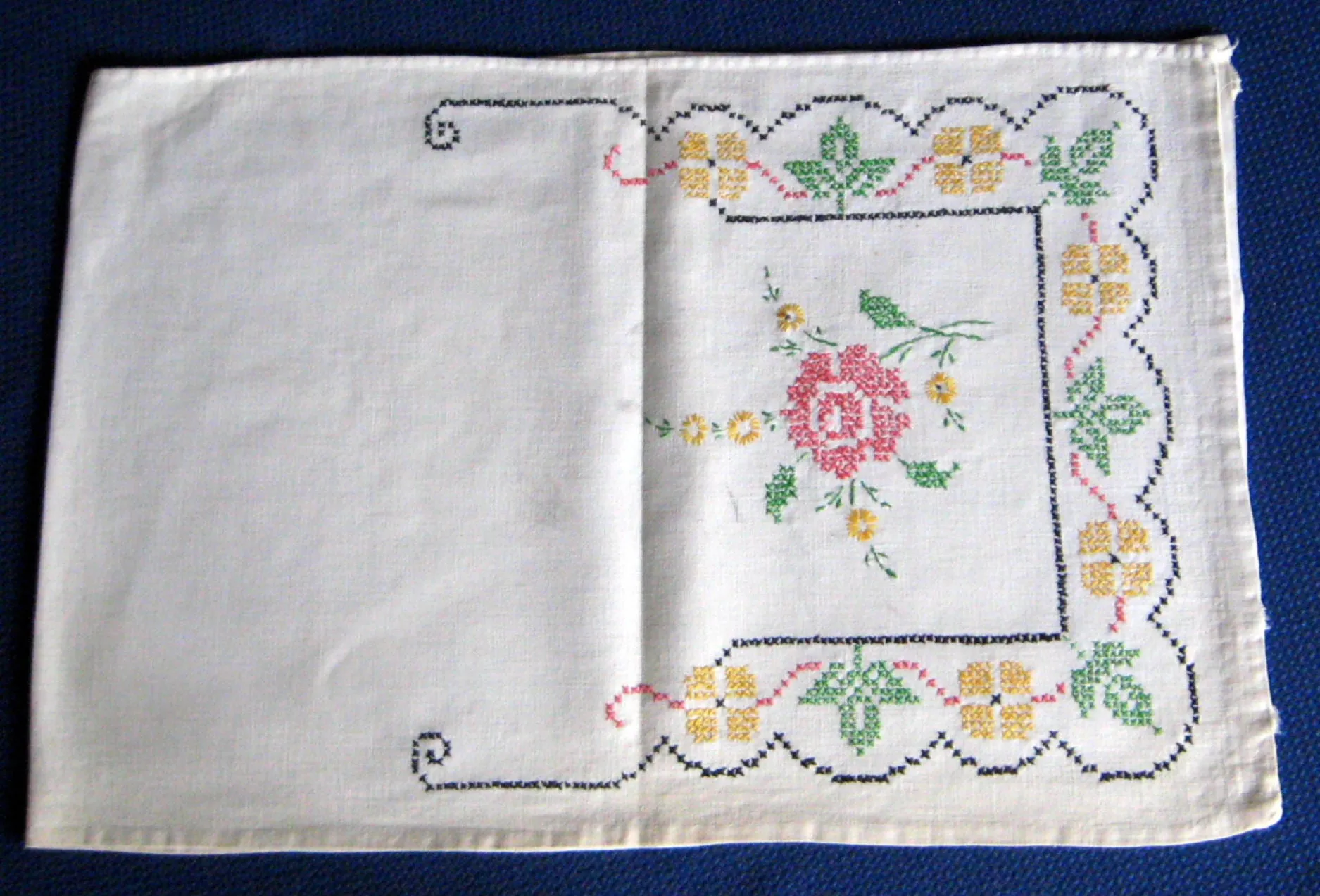 Long Embroidered Dresser Scarf 1920s Linen 40 Inches Cross Stitch Roses Runner Vanity Item