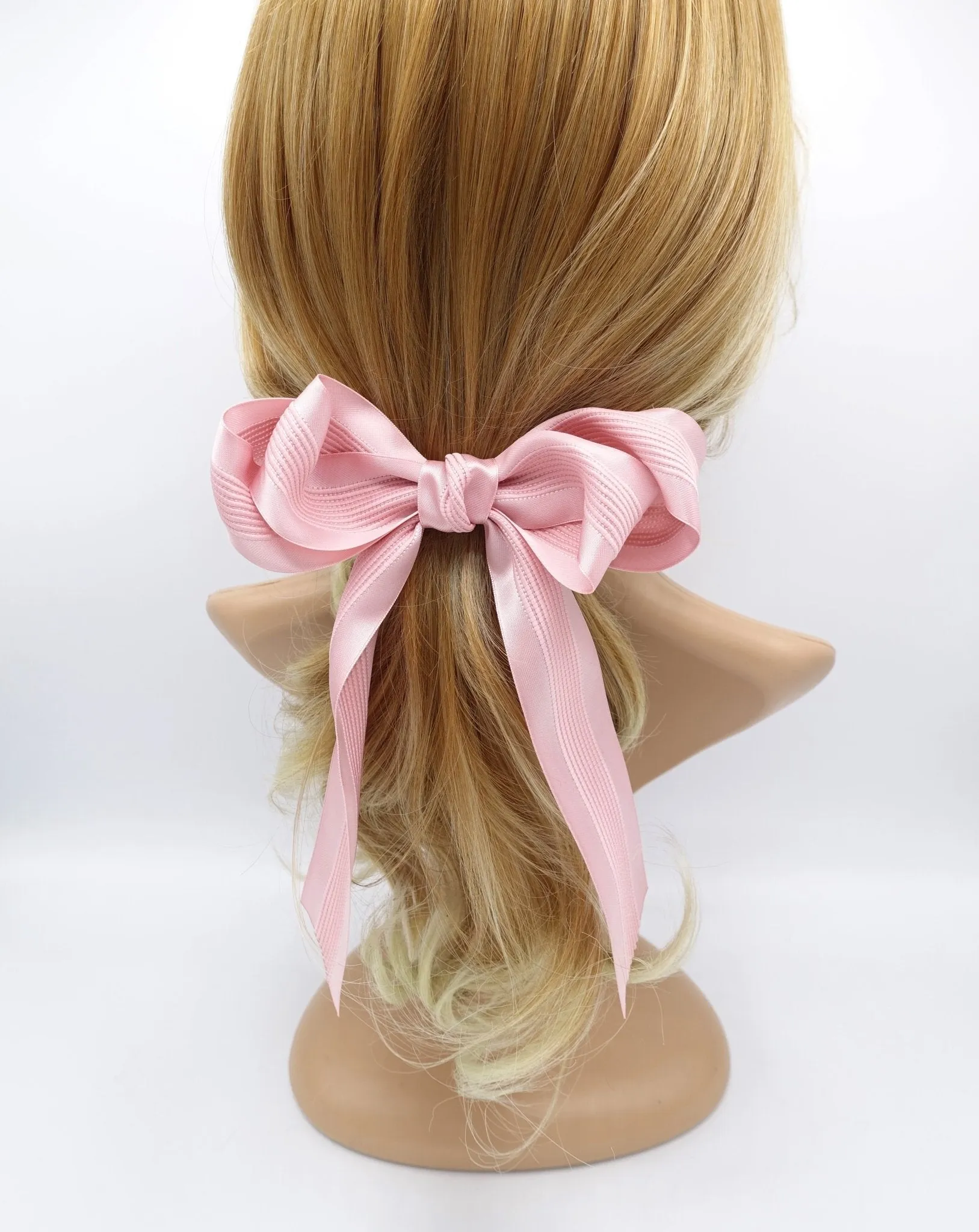 long tail layered hair bow corrugated stripe bow french hair barrette