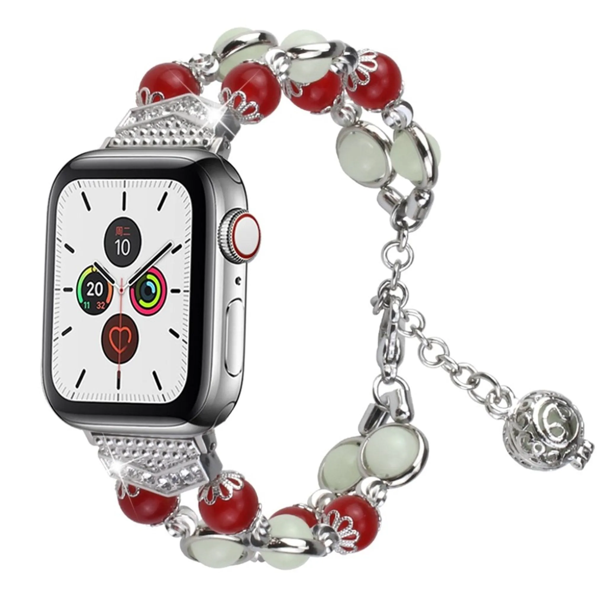 Luminous bead stainless steel watch band for Apple Watch Series 6 / 5 44mm - Red / Silver