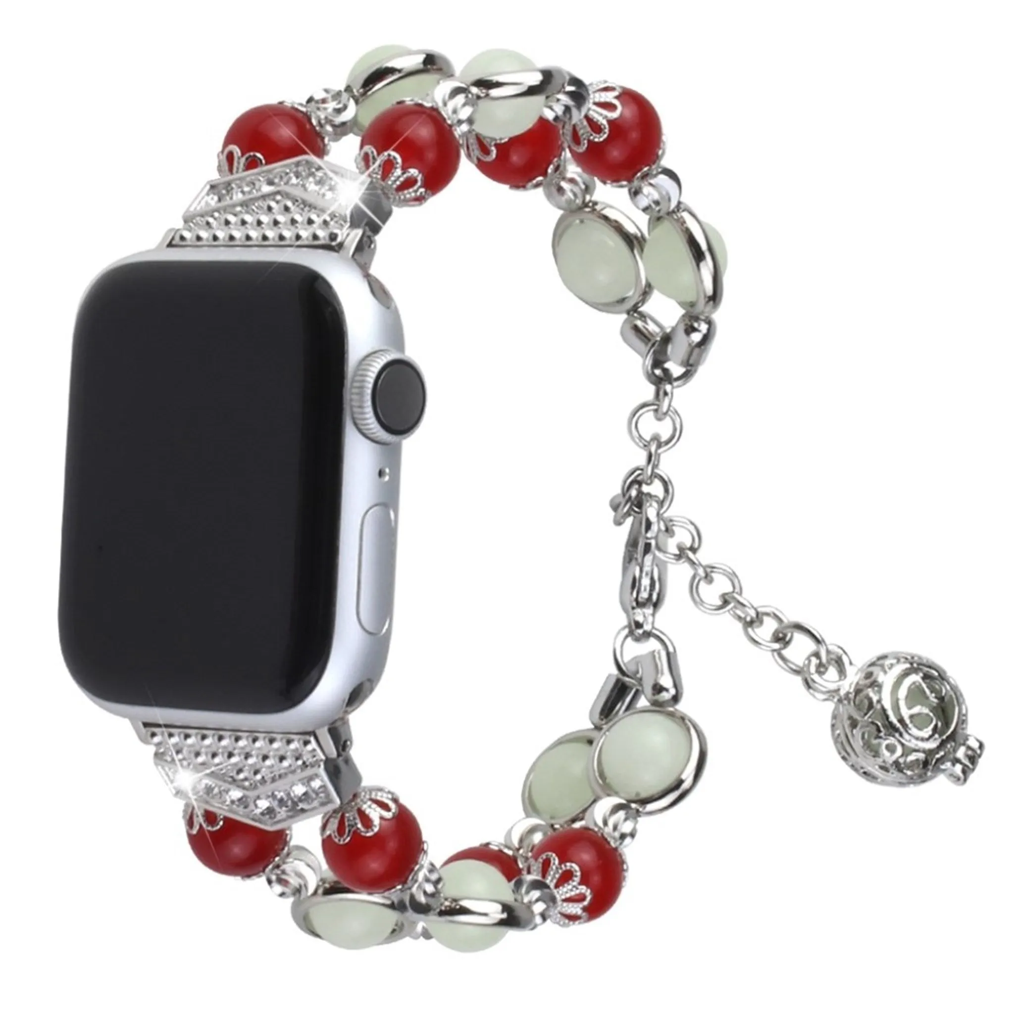 Luminous bead stainless steel watch band for Apple Watch Series 6 / 5 44mm - Red / Silver