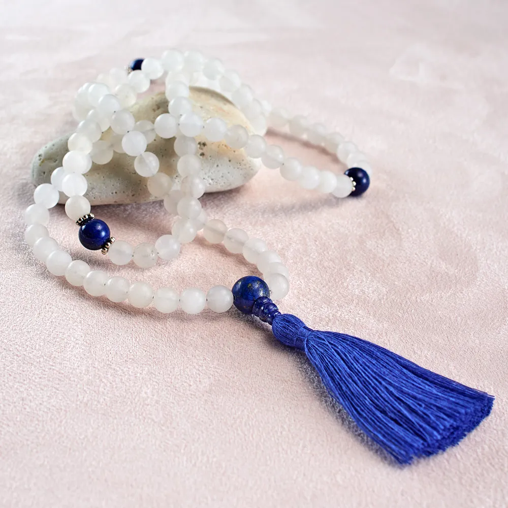 Matte Rock Crystal and Lapis Mala, 108 beads