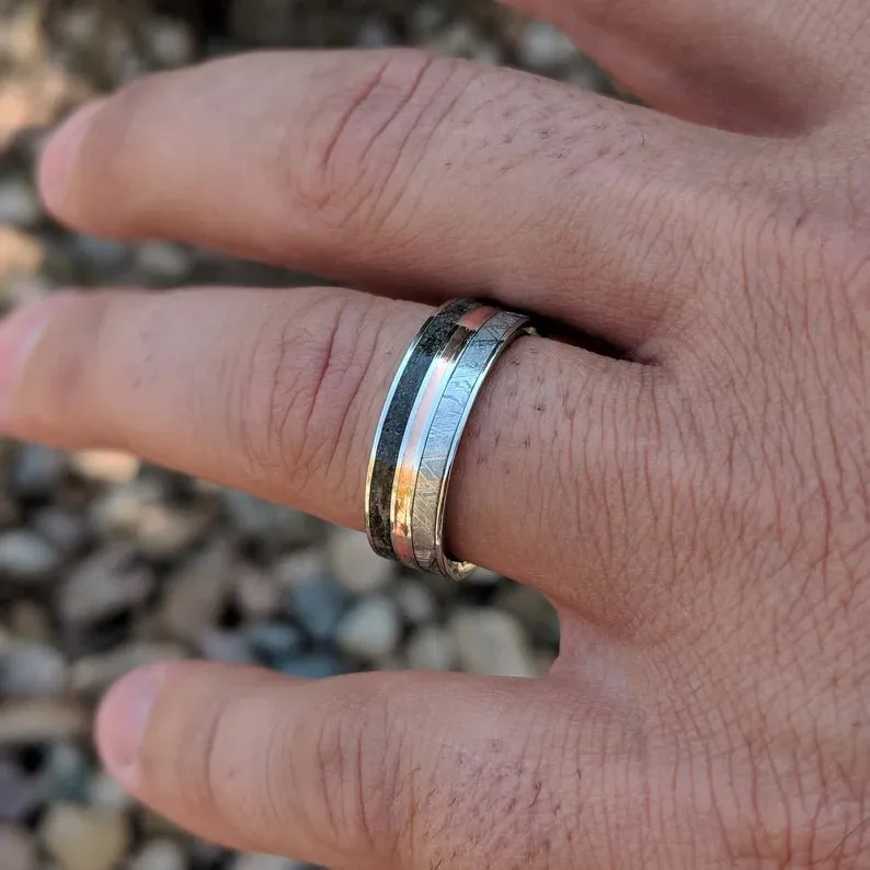 Men's Custom Cobalt Meteorite Wedding Band - 7mm Flat Profile Ring with Dinosaur Bone, Rose Gold, and Comfort Fit