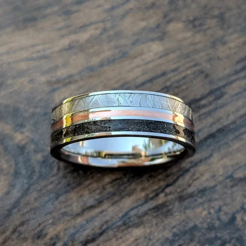 Men's Custom Cobalt Meteorite Wedding Band - 7mm Flat Profile Ring with Dinosaur Bone, Rose Gold, and Comfort Fit