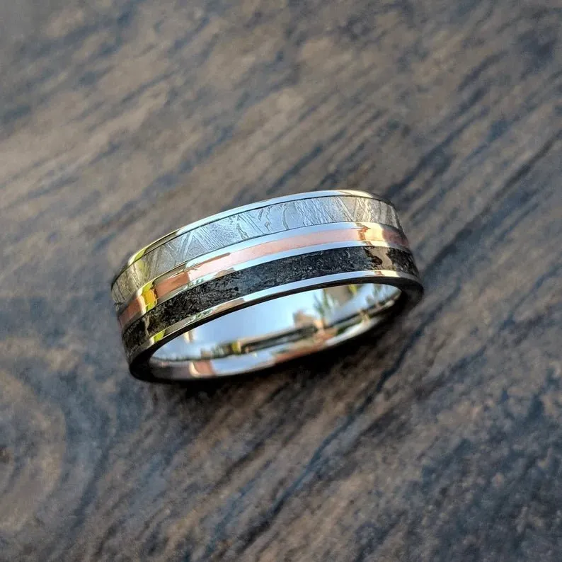 Men's Custom Cobalt Meteorite Wedding Band - 7mm Flat Profile Ring with Dinosaur Bone, Rose Gold, and Comfort Fit