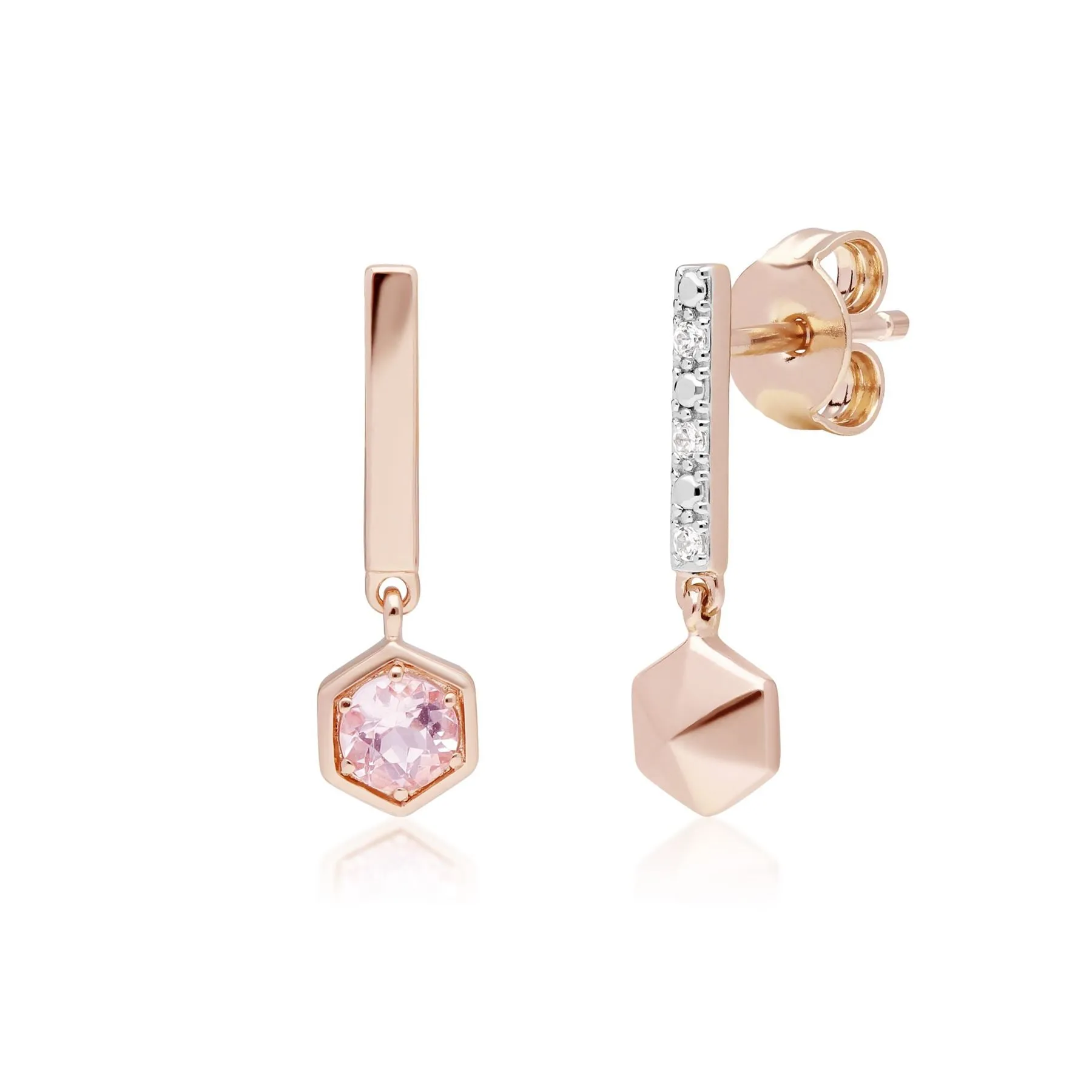 Mini Statement Morganit & Diamant Hexagon Tropfen Ohrringe in 9ct Rose Gold