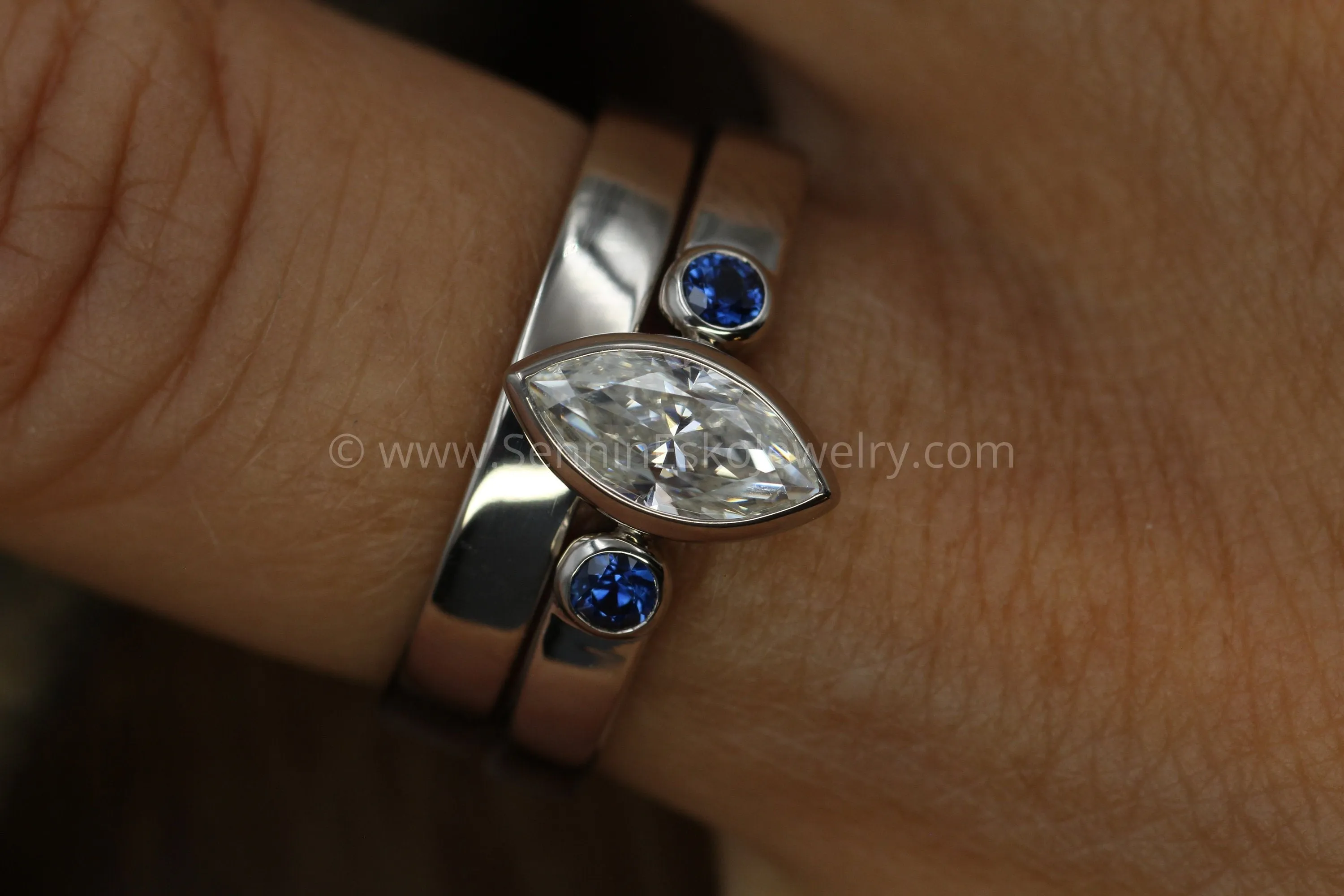 Moissanite Marquise and Dark Blue Sapphire  Palladium White Gold Vintage Inspired Engagement and Wedding Ring Set - Hand Made - Nickel Free