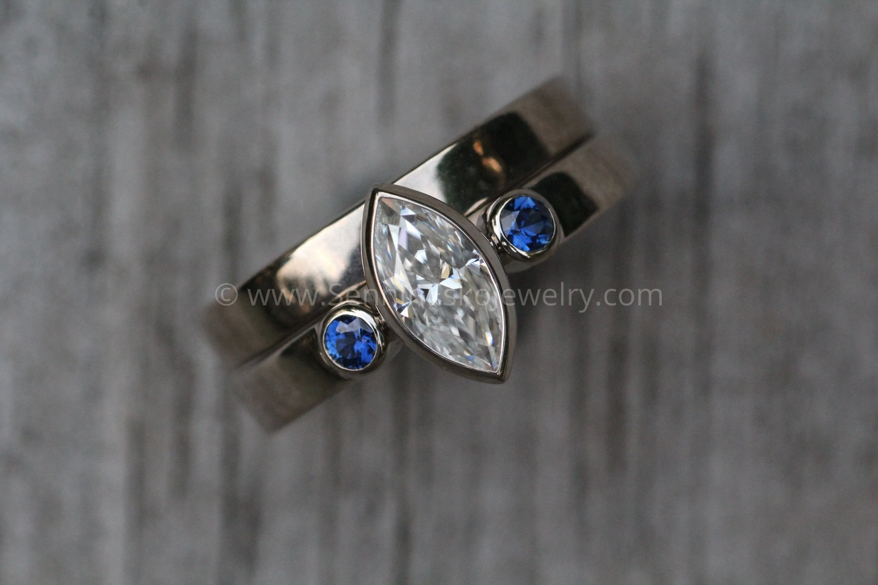 Moissanite Marquise and Dark Blue Sapphire  Palladium White Gold Vintage Inspired Engagement and Wedding Ring Set - Hand Made - Nickel Free