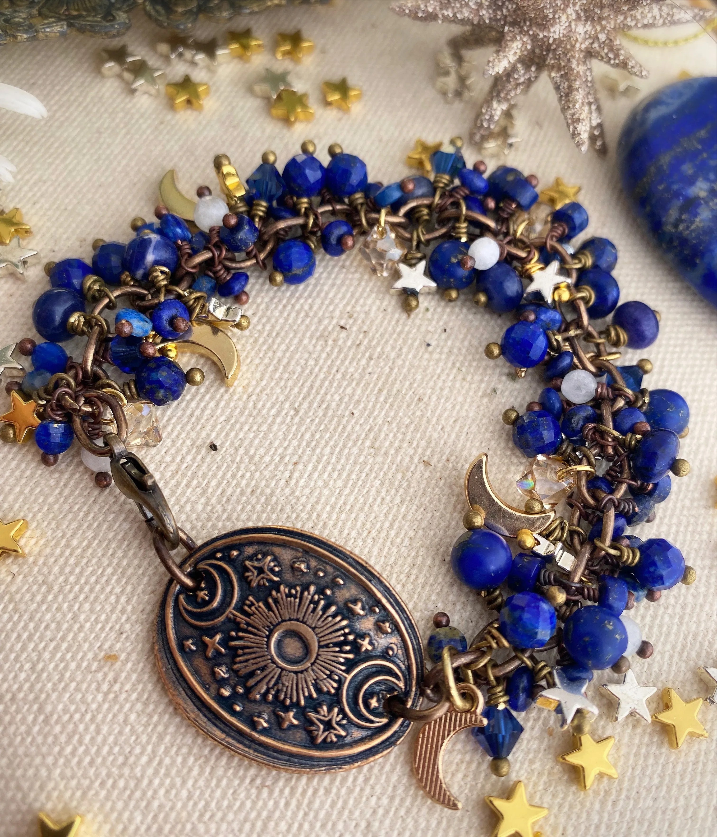 Moon and stars. Handmade bronze metal cuff, lapis lazuli stone, bracelet  KIT