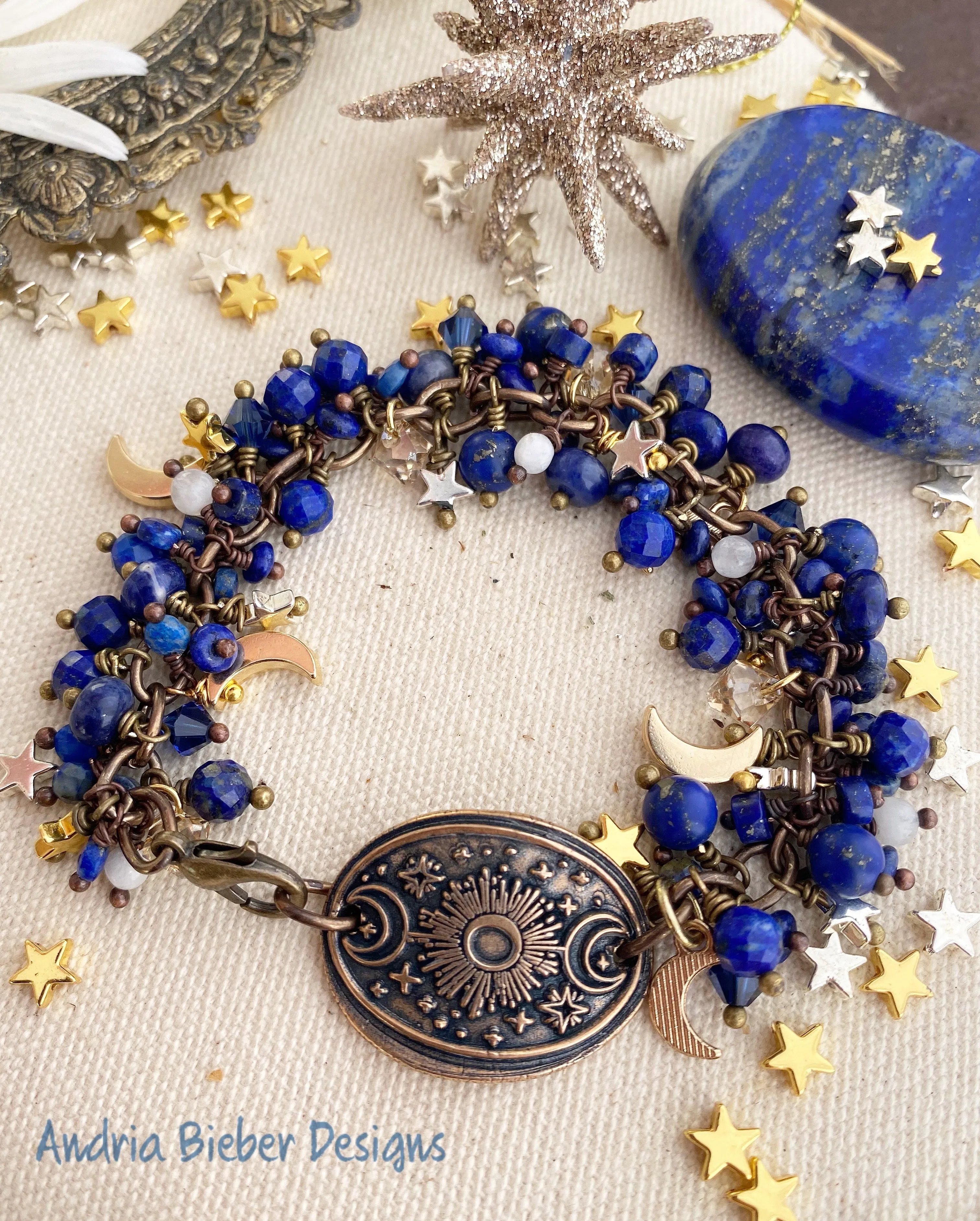 Moon and stars. Handmade bronze metal cuff, lapis lazuli stone, bracelet  KIT