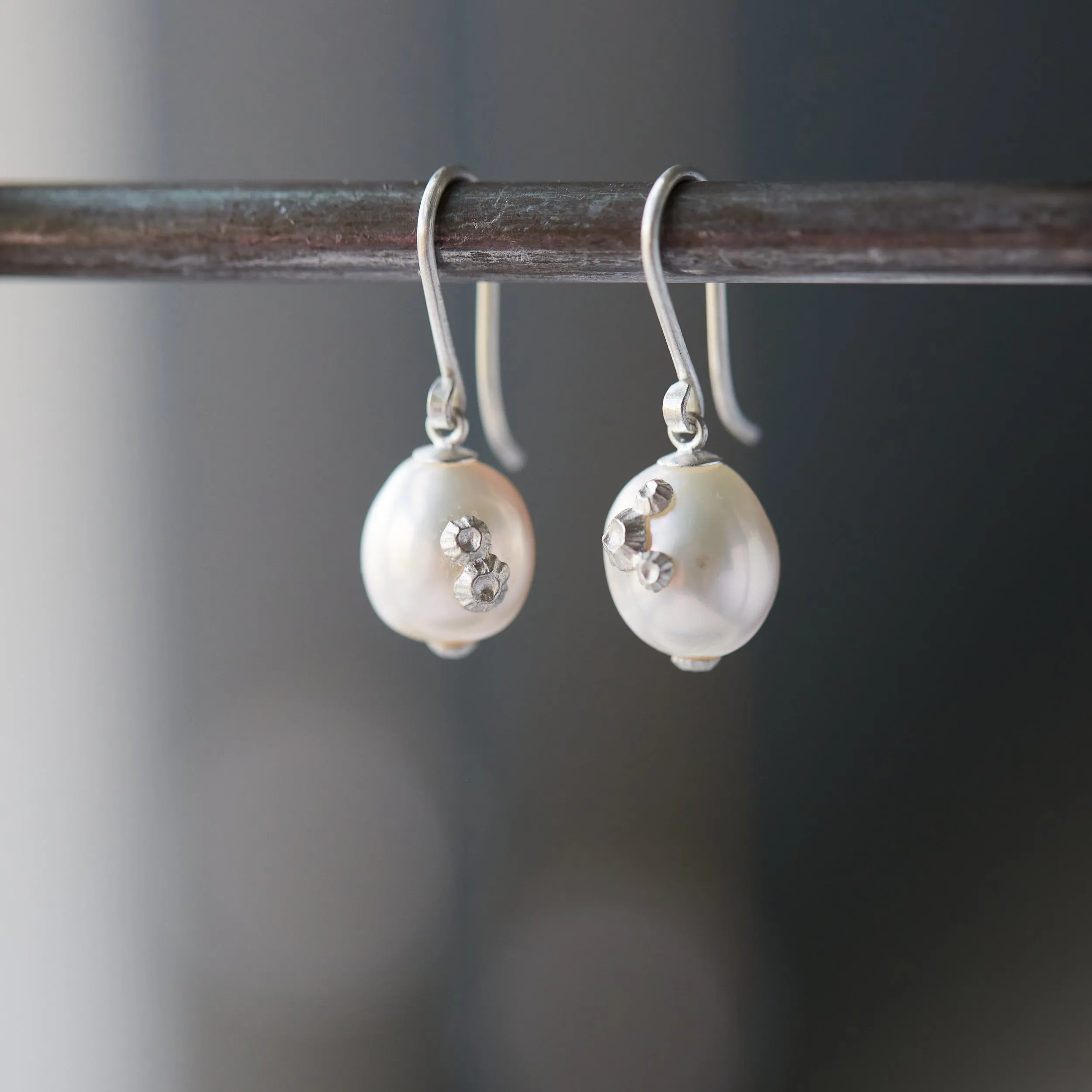 Moonshine Baroque Pearl Ruthie B. Earrings with Barnacles