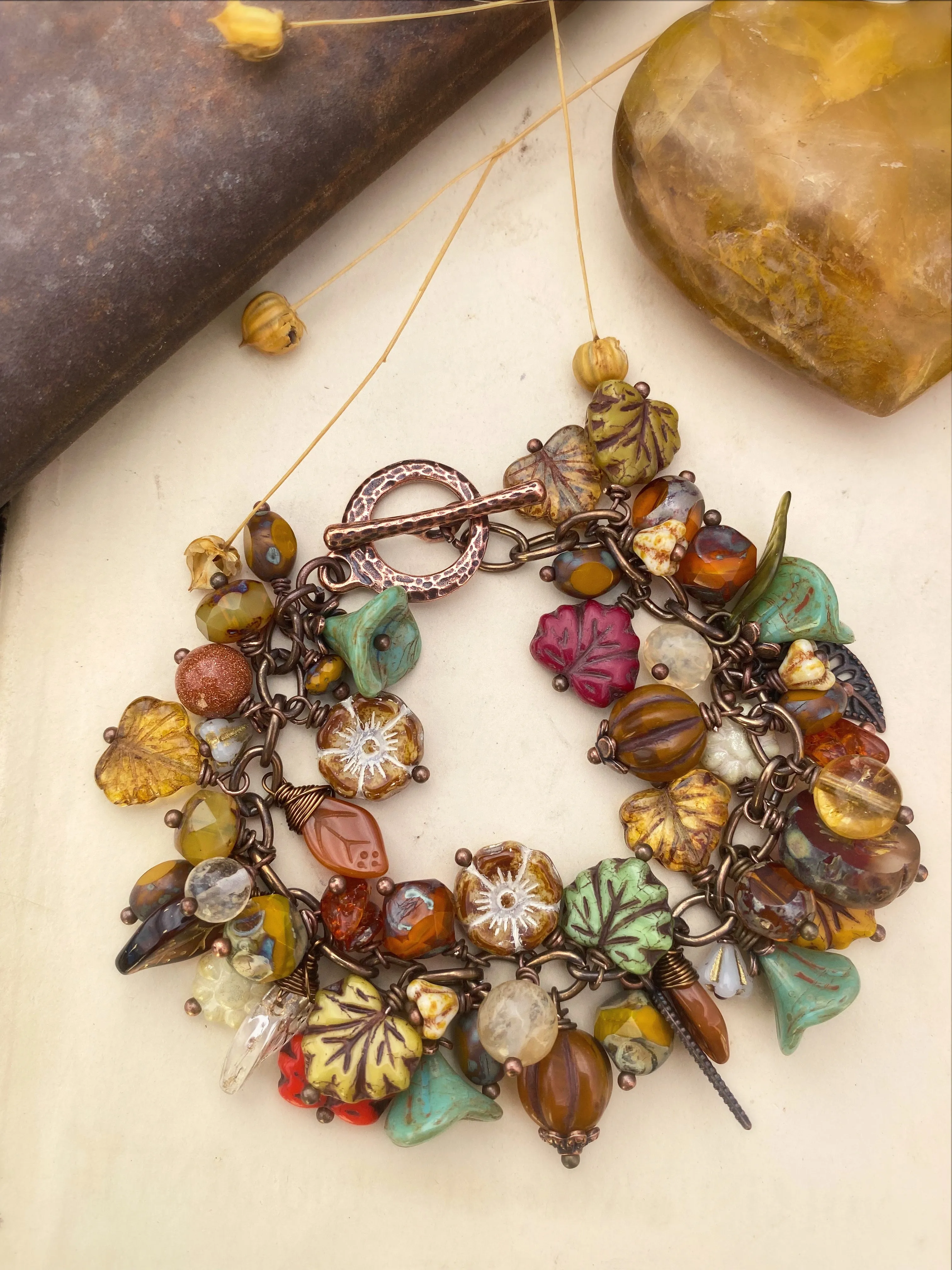 MTO- Autumn leaves. Mixed gemstone, Czech glass, bronze metal, charm bracelet.