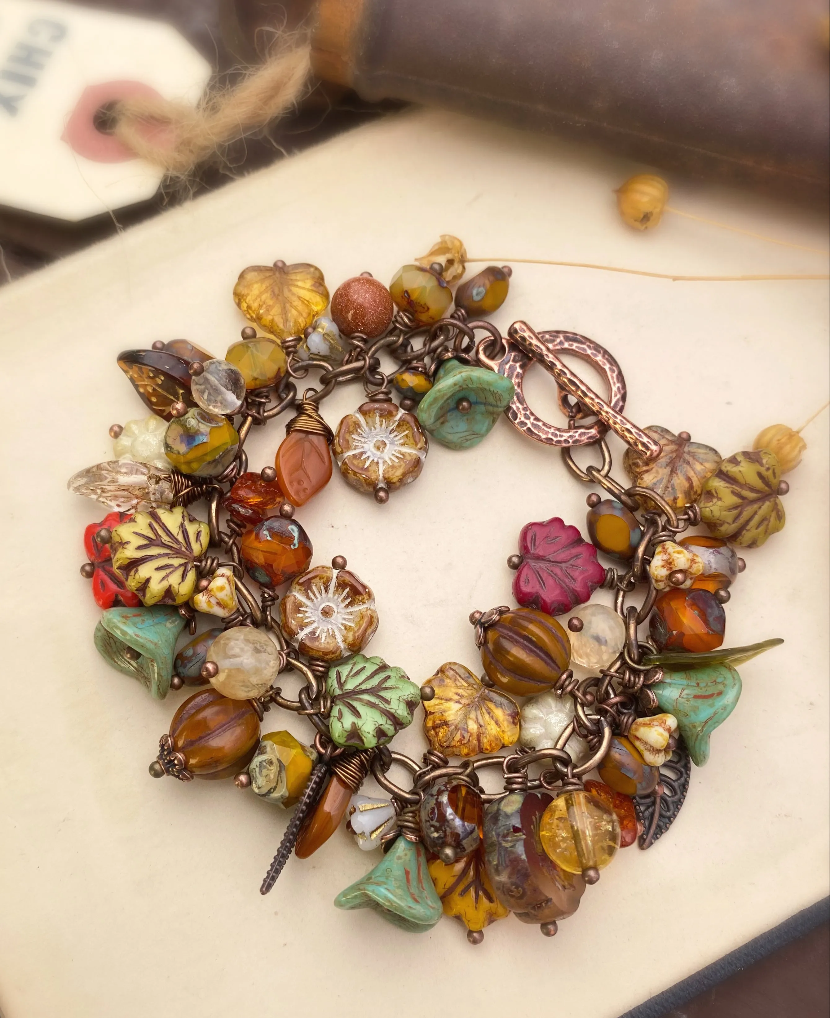 MTO- Autumn leaves. Mixed gemstone, Czech glass, bronze metal, charm bracelet.