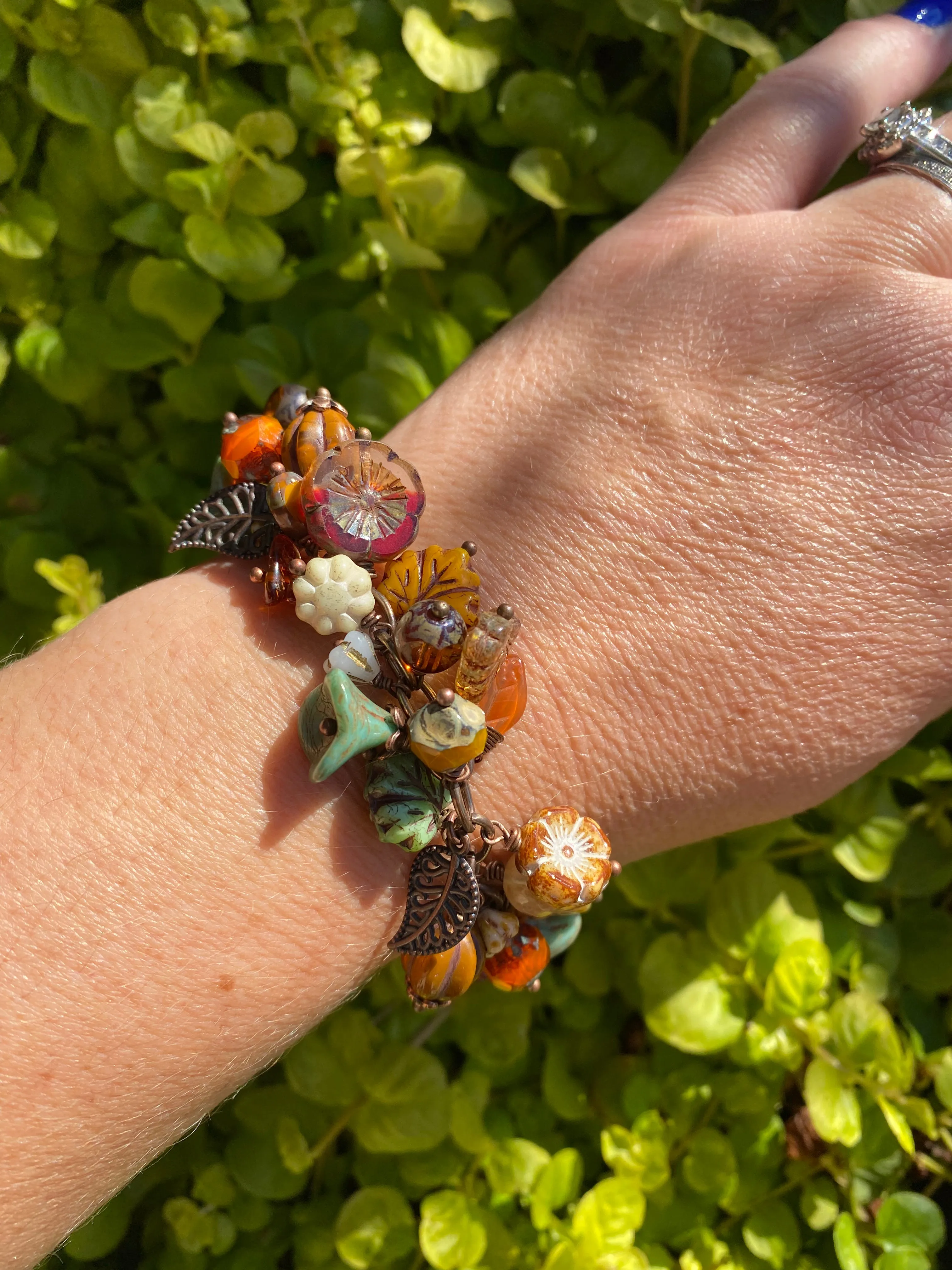 MTO- Autumn leaves. Mixed gemstone, Czech glass, bronze metal, charm bracelet.