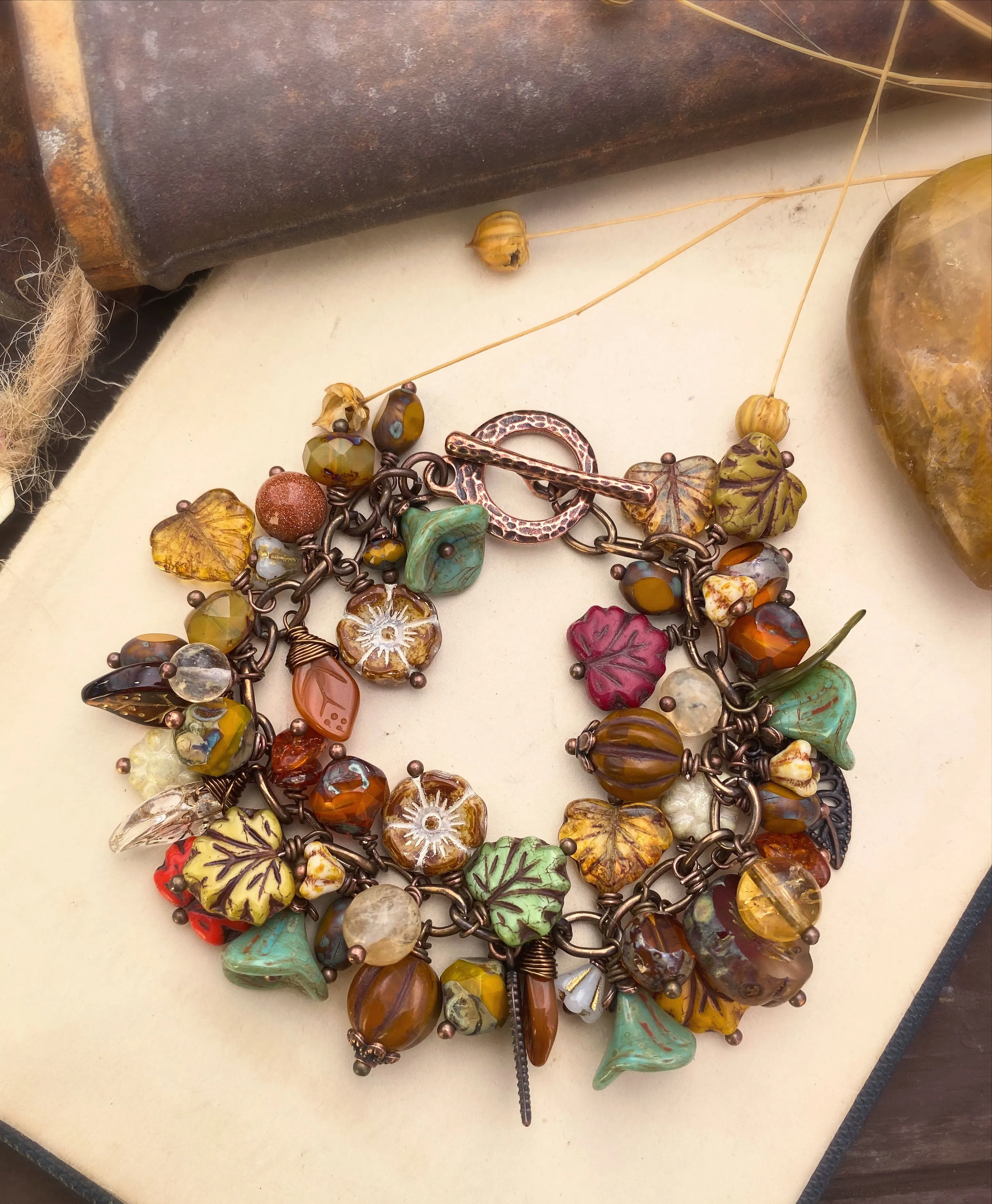 MTO- Autumn leaves. Mixed gemstone, Czech glass, bronze metal, charm bracelet.