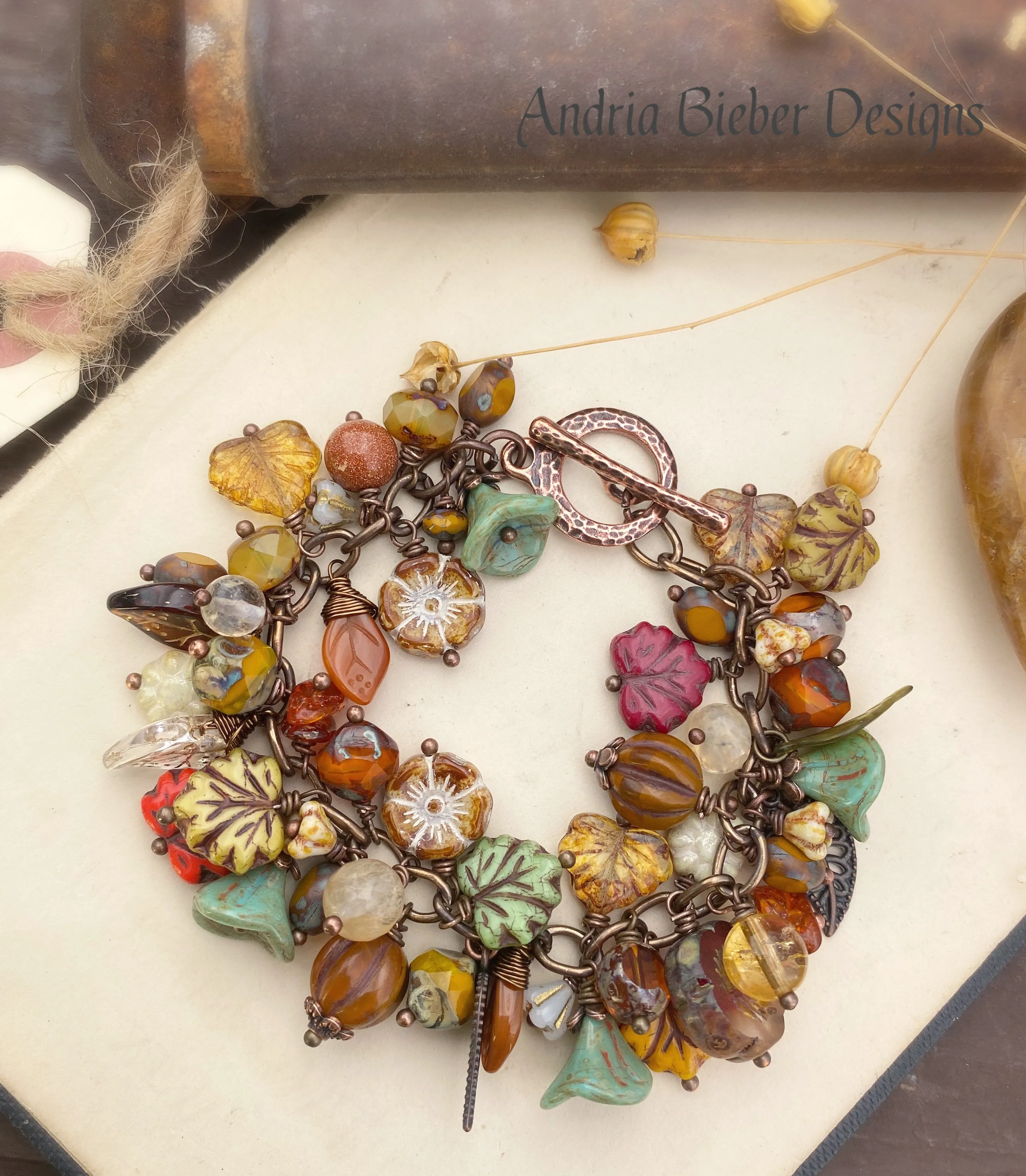 MTO- Autumn leaves. Mixed gemstone, Czech glass, bronze metal, charm bracelet.