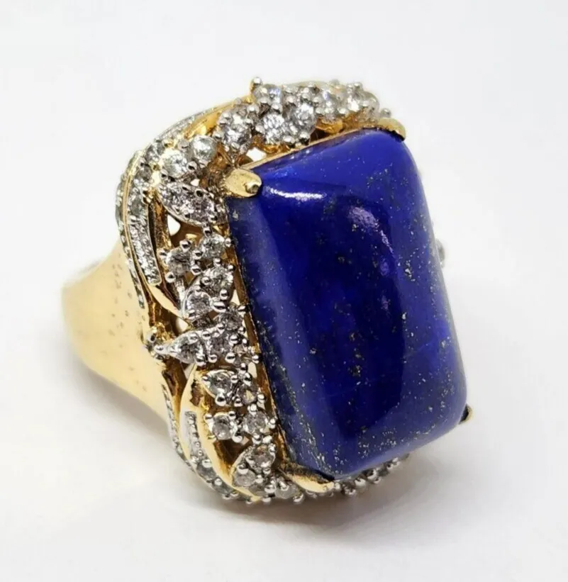 Natural Lapis Lazuli & CZ Vermeil Sterling Silver Ring, Size 7