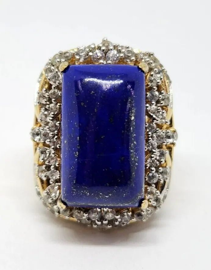 Natural Lapis Lazuli & CZ Vermeil Sterling Silver Ring, Size 7