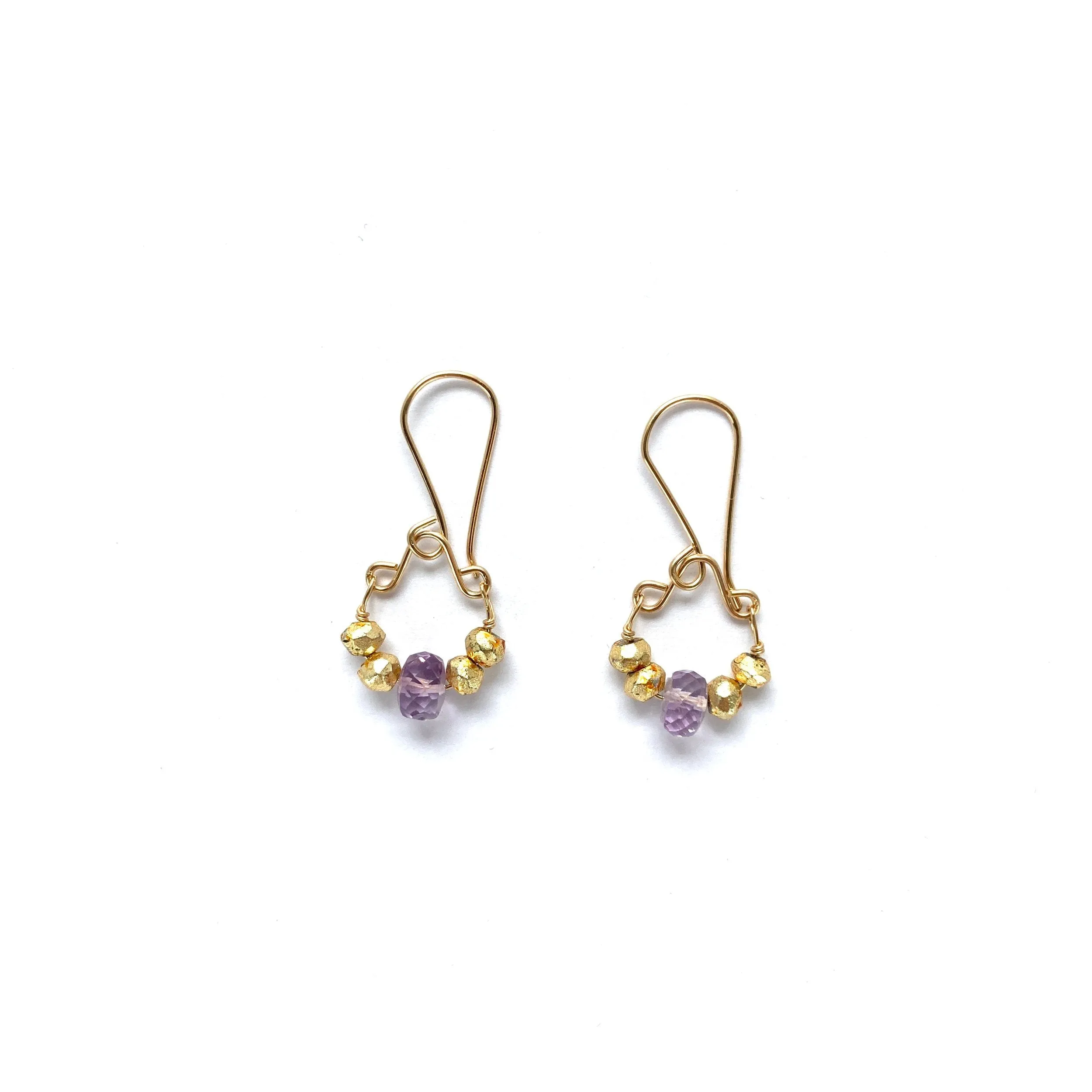 NEW! Pyrite and Pink Amethyst on Gold Filled Wire Earring by Debbie Fisher