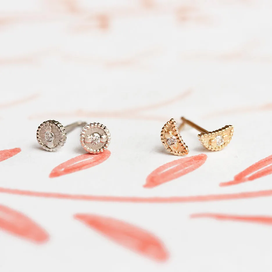 NEW! Ribbed Relic Crescent Studs with Diamond By Megan Thorne