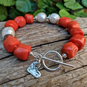 Orange Coral & Big White Edison Pearl Bracelet