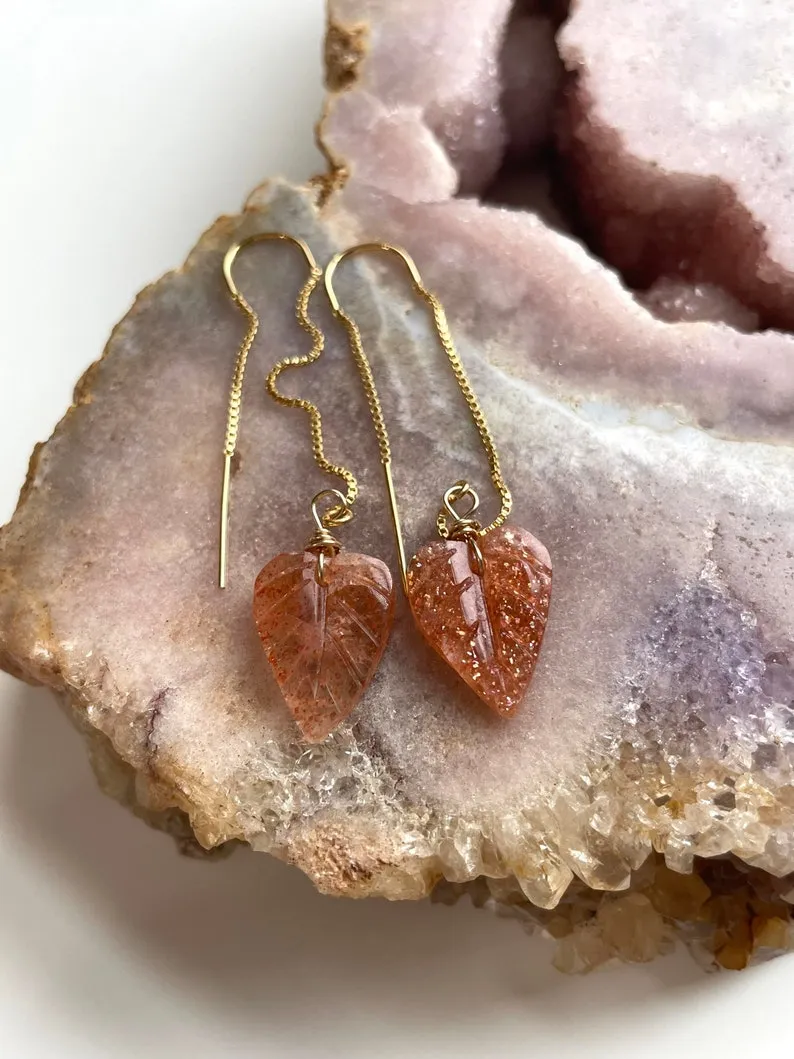 Orange Sunstone Gold Filled Statement Crystal Gemstone Threader Earrings