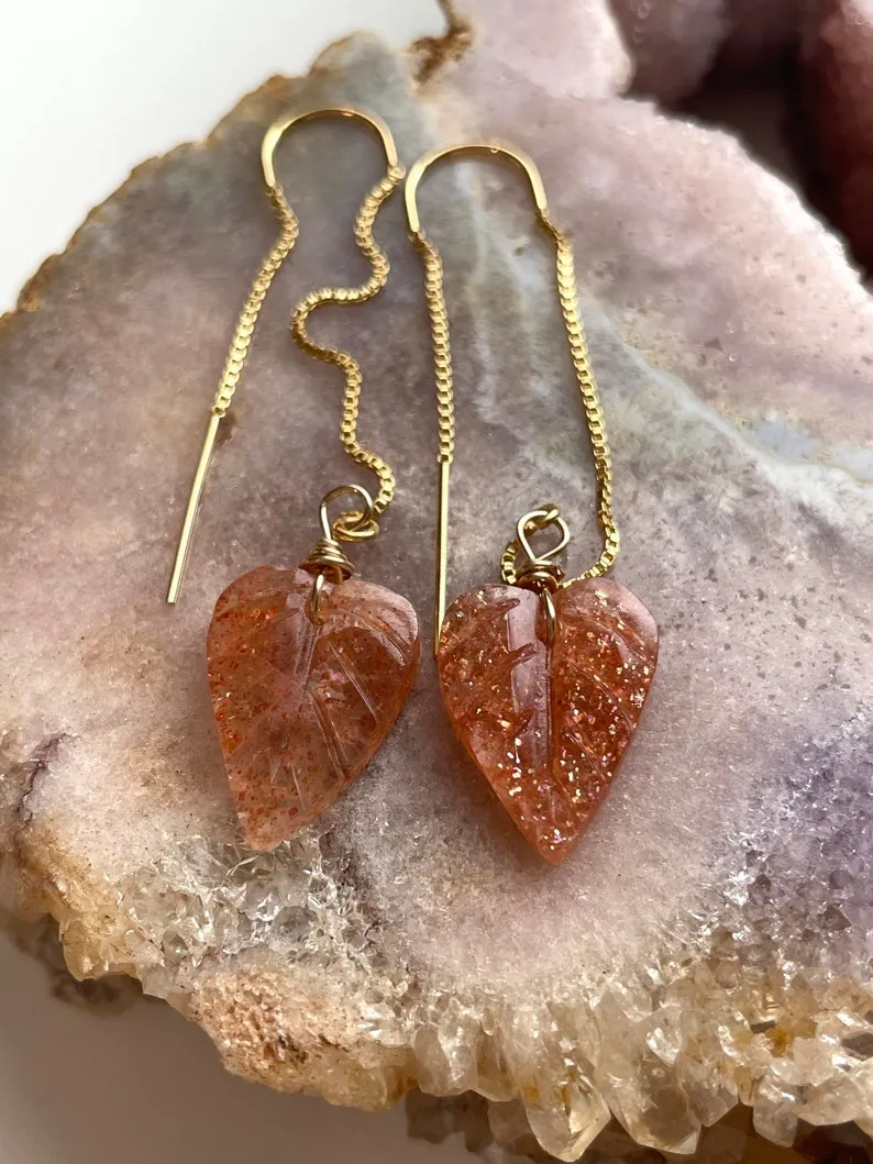 Orange Sunstone Gold Filled Statement Crystal Gemstone Threader Earrings