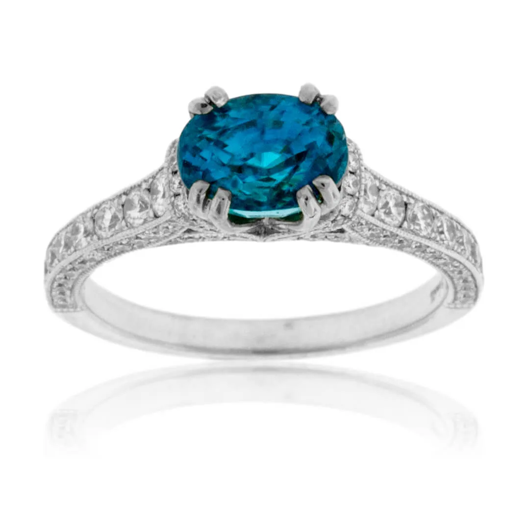 Oval Blue Zircon and Diamond Ring