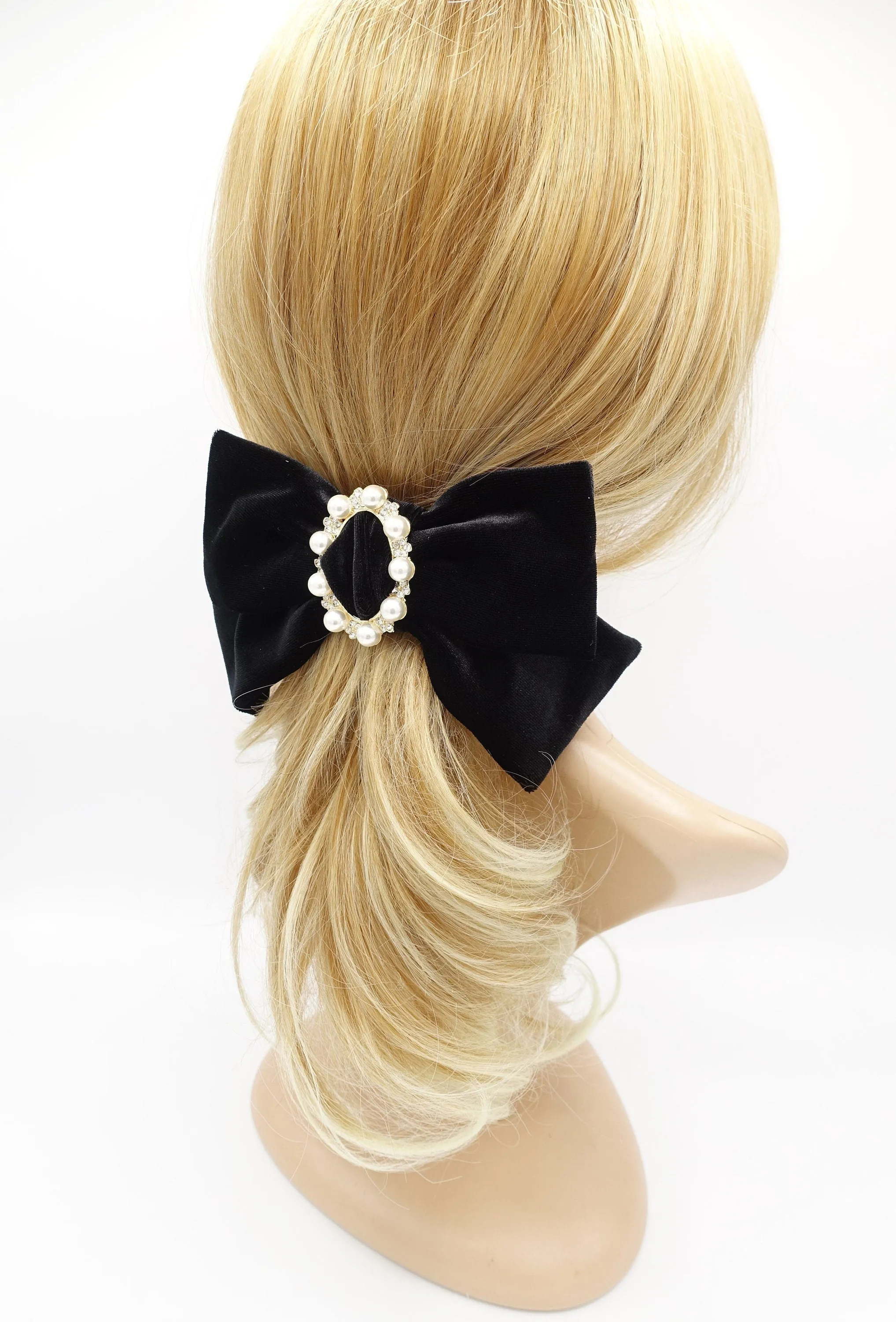 pearl embellished buckle velvet hair bow for women