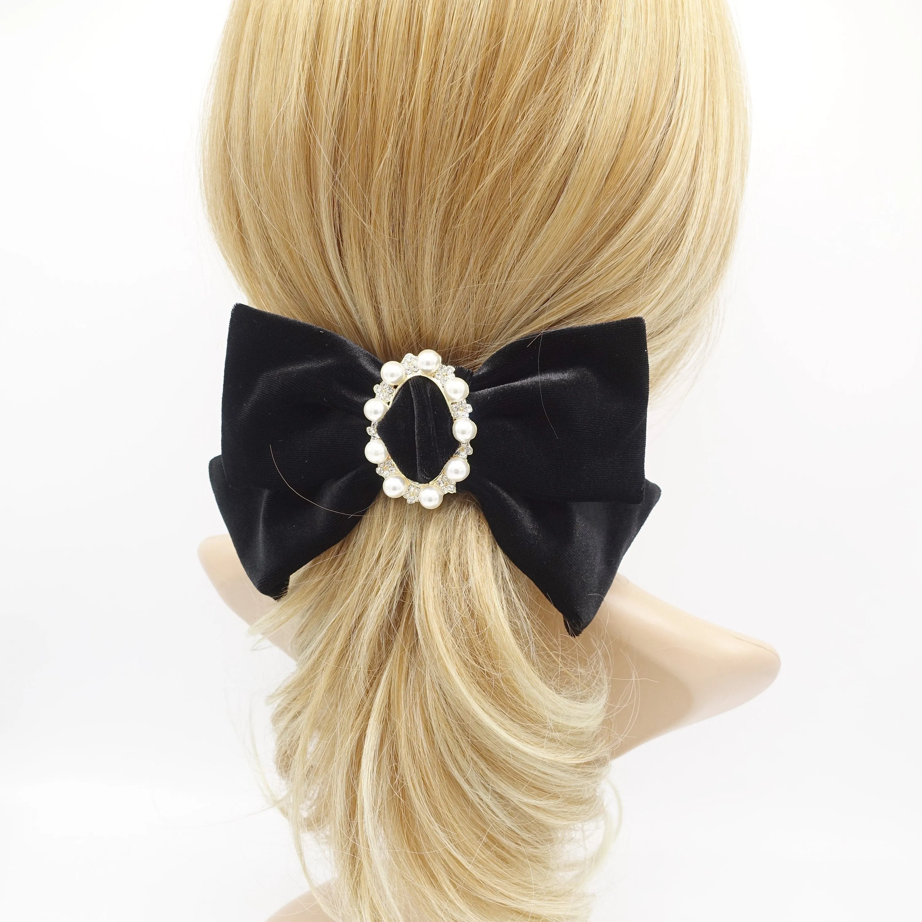 pearl embellished buckle velvet hair bow for women