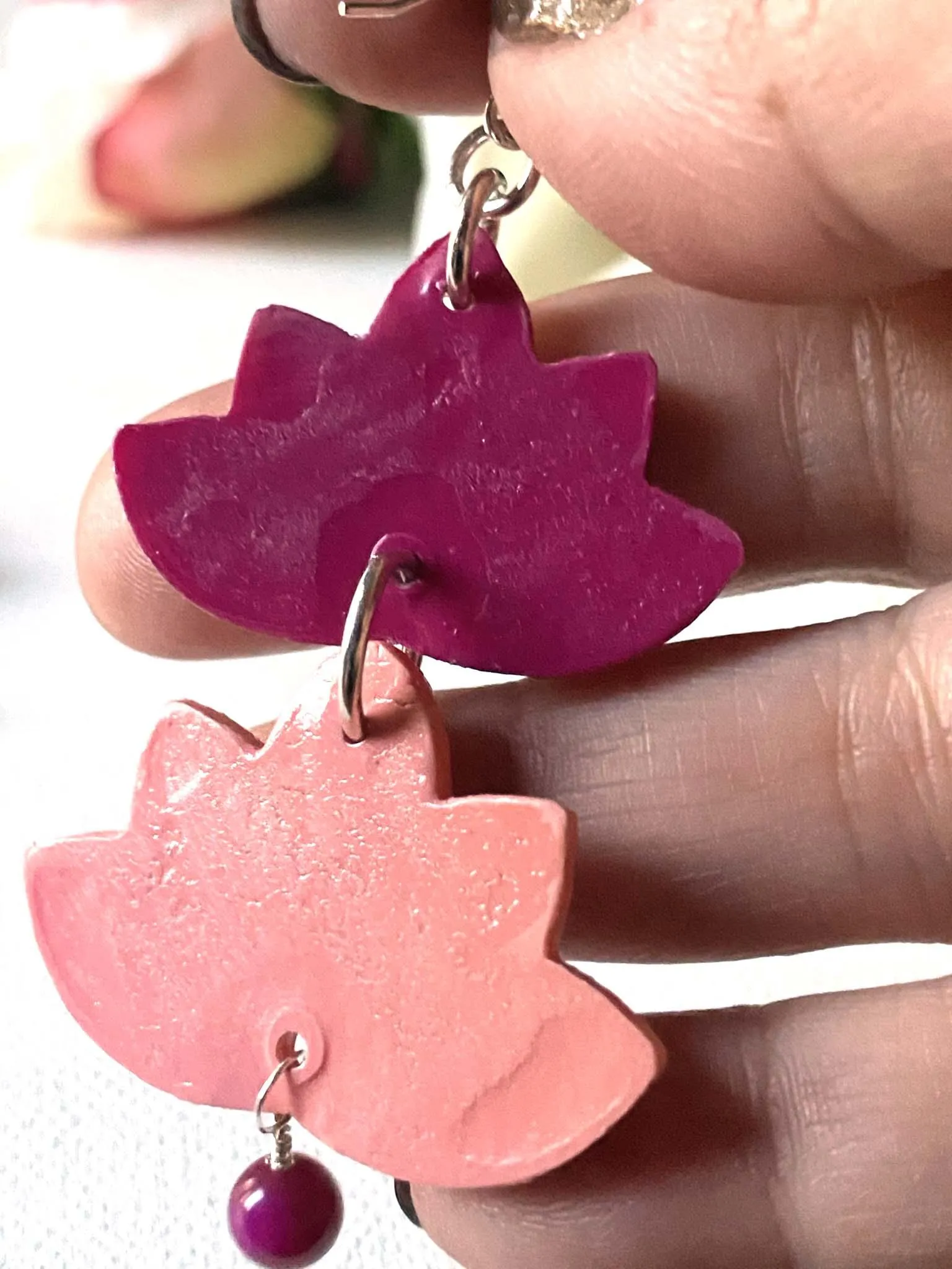 Pink Lotus Earrings/ Two tone earrings/Silver and Clay Earrings