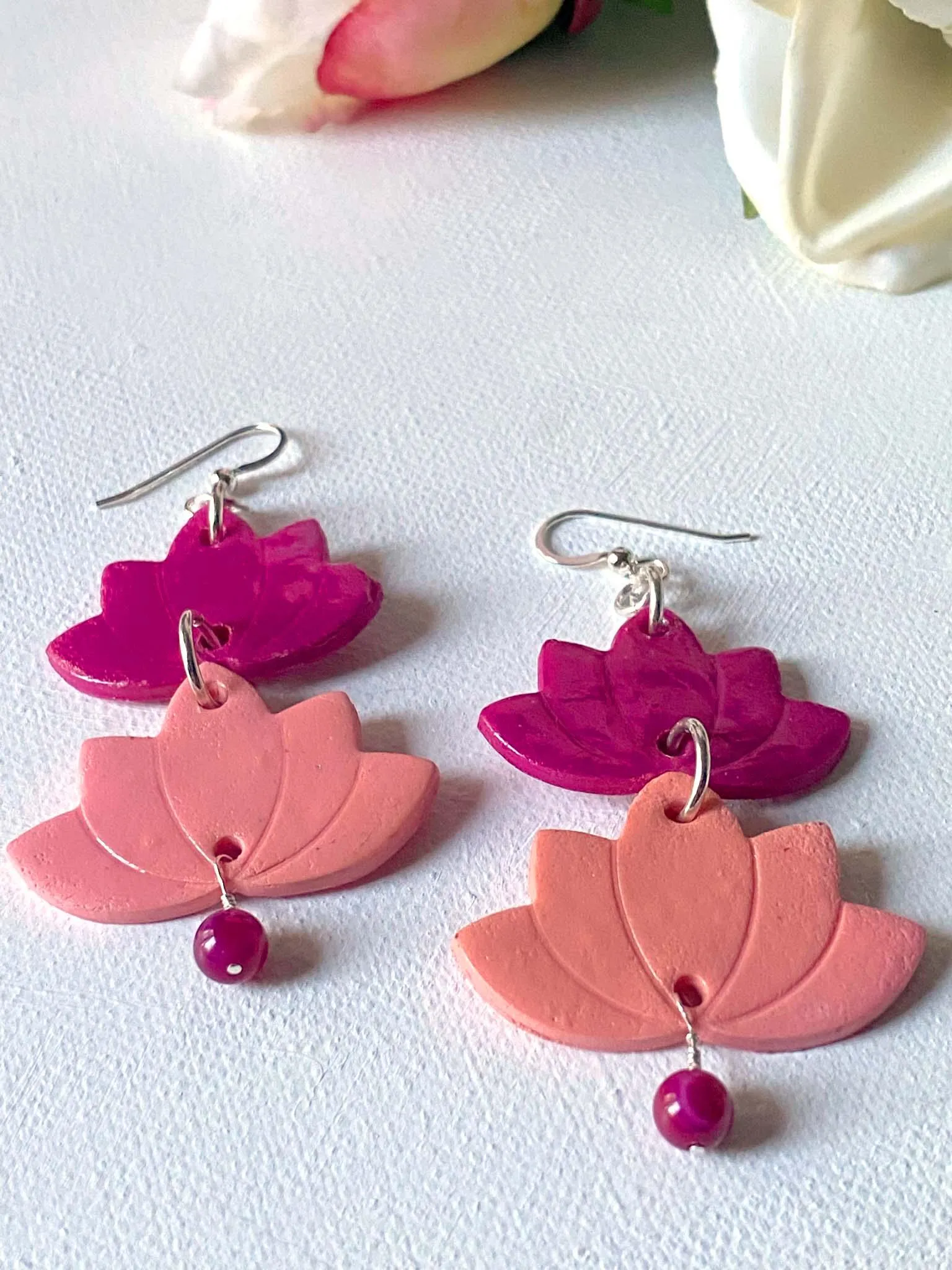 Pink Lotus Earrings/ Two tone earrings/Silver and Clay Earrings