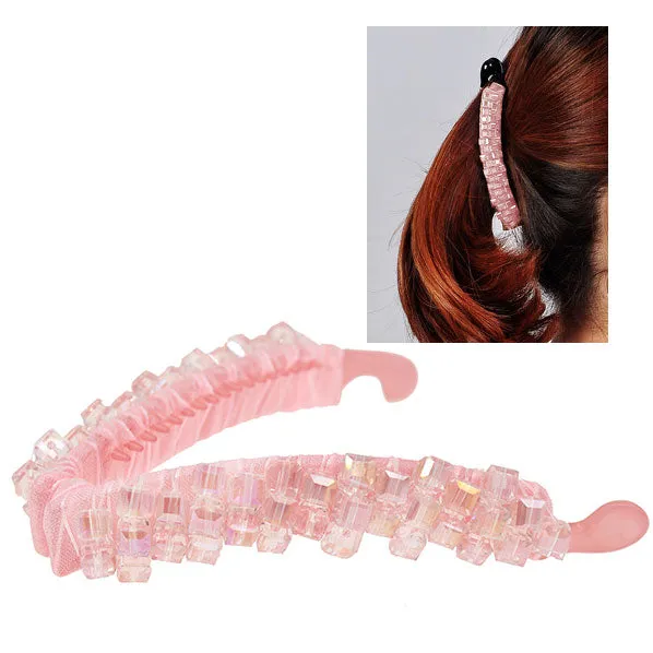 Pink Square Crystal Beads Vertical Banana Hair Barrette