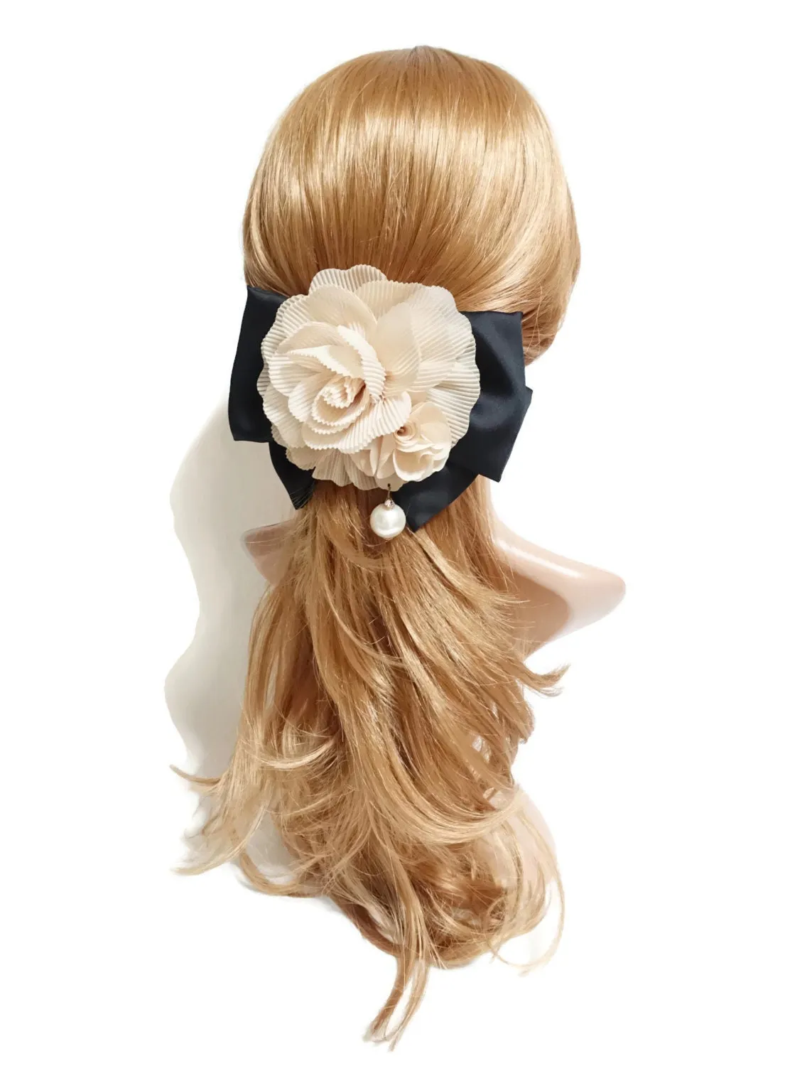 Pleat flower french barrette  black bow french hair barrette elegant woman hair accessories