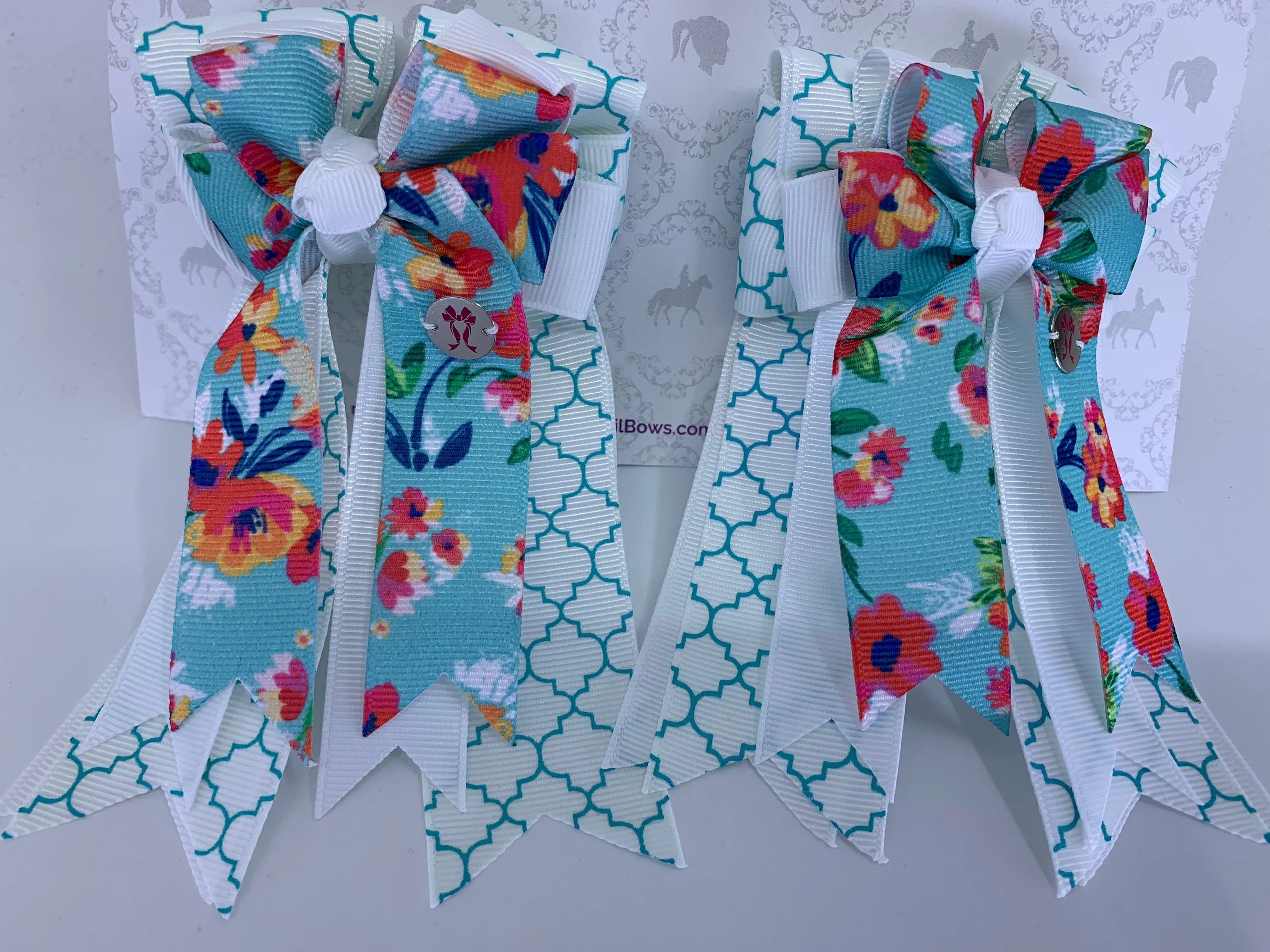 PonyTail Bows- Blue Floral Victorian Motifs