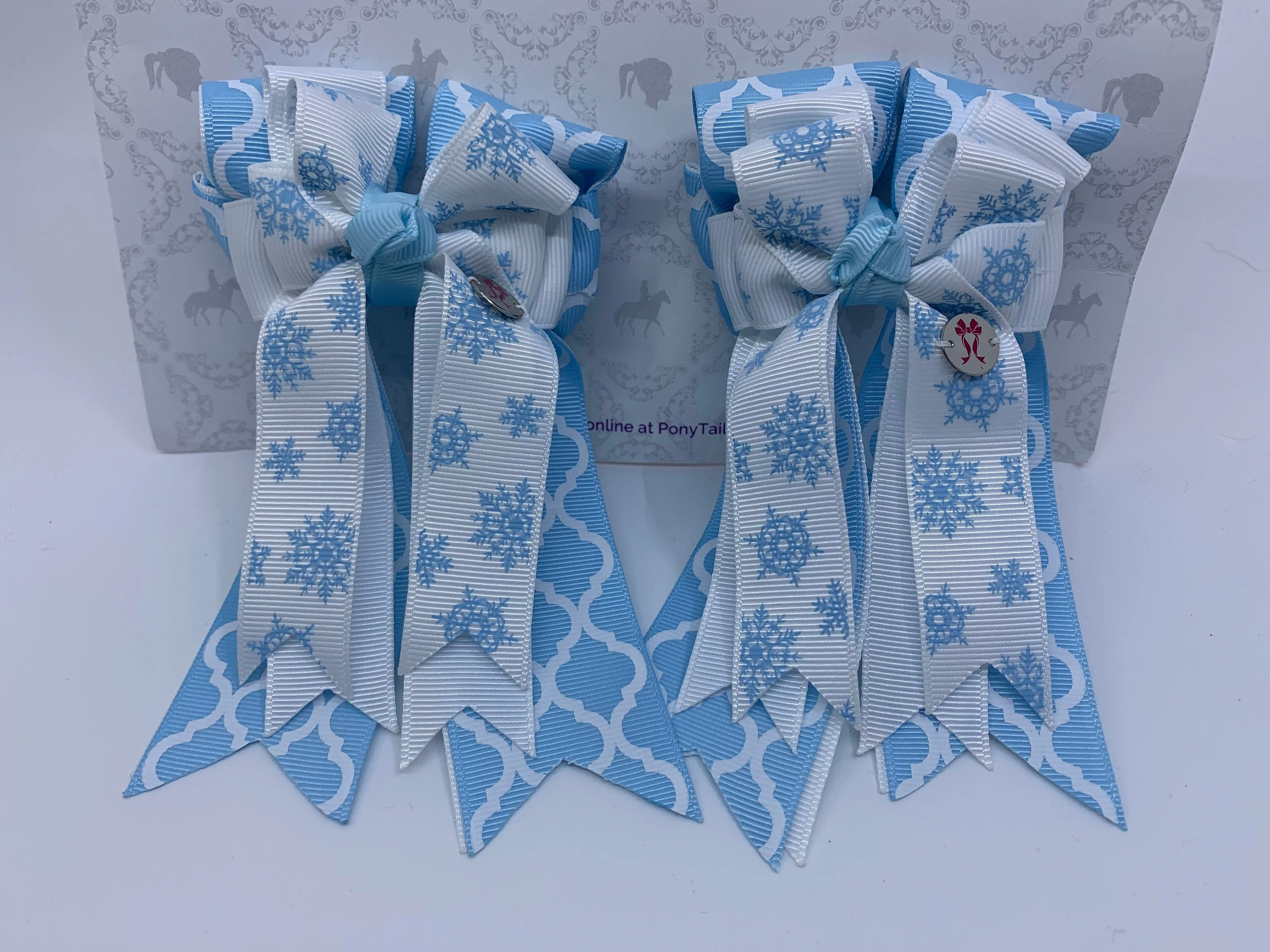 PonyTail Bows- Ice Blue Snowflakes