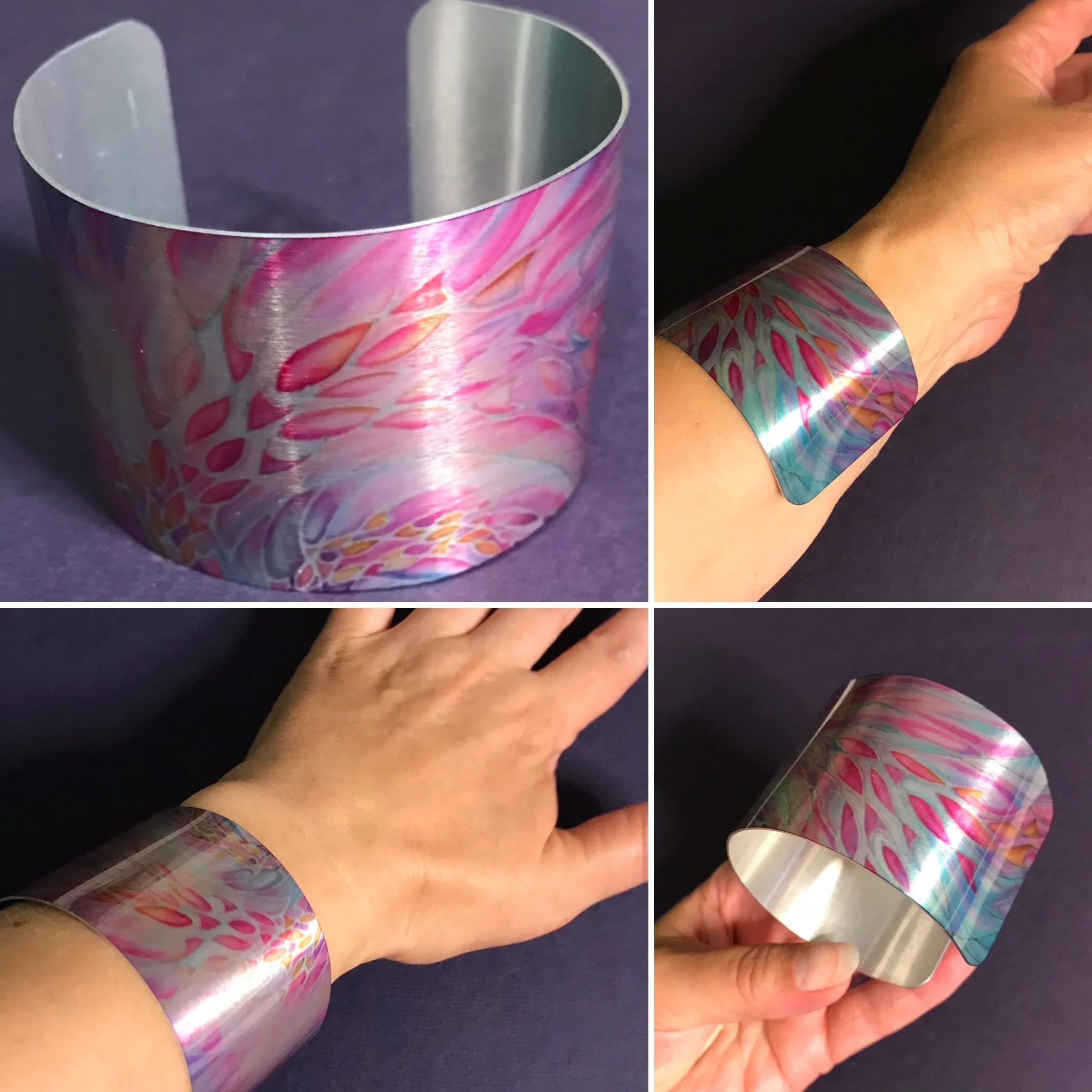 Pretty Peach Pink Turquoise Swirling Sea Shoal Bracelet - Statement Cuff Bracelet - easy wear lightweight aluminium.