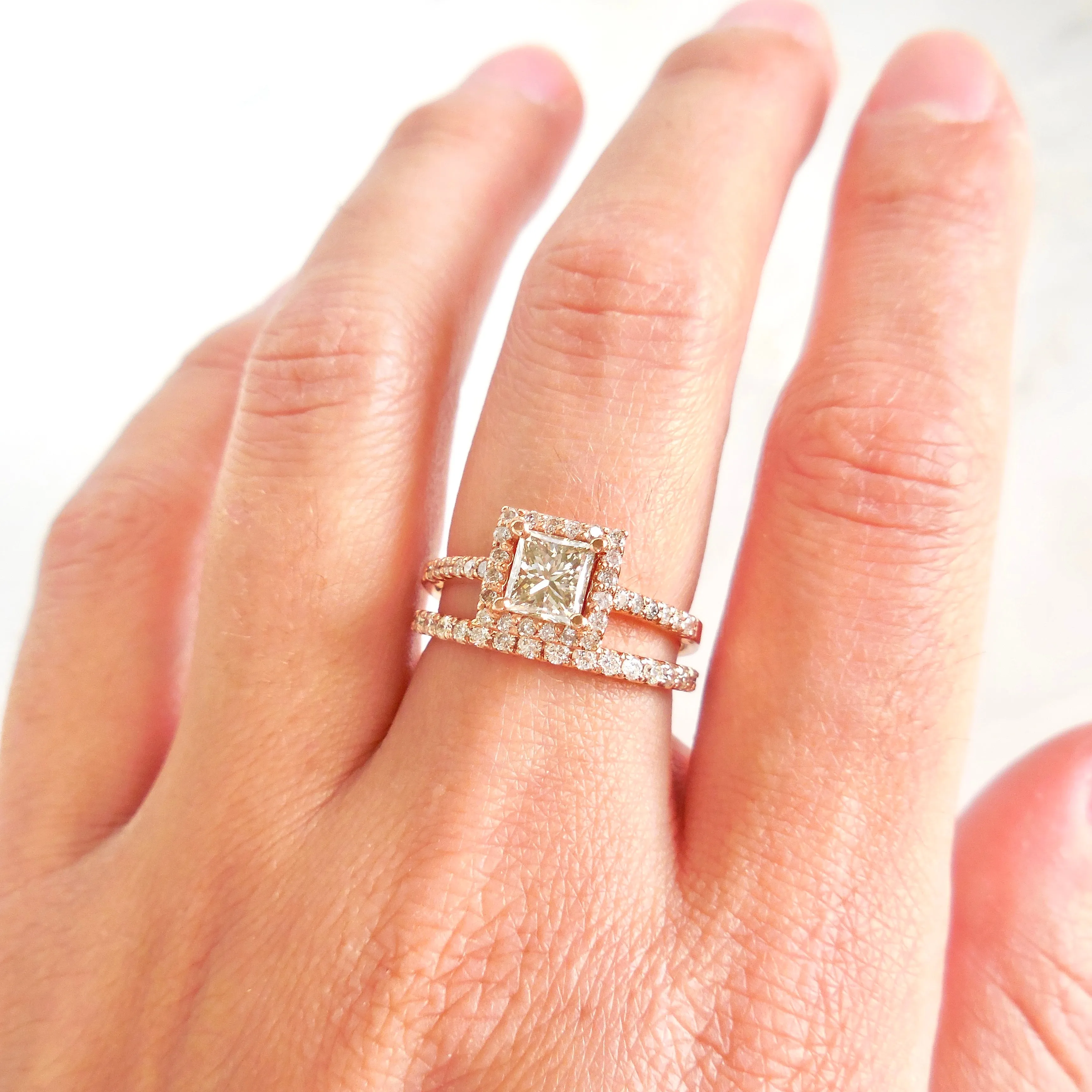 Princess Cut Diamond Halo Ring - Princess Diamond Rose Gold Ring - Rose Gold Womens Diamond Ring