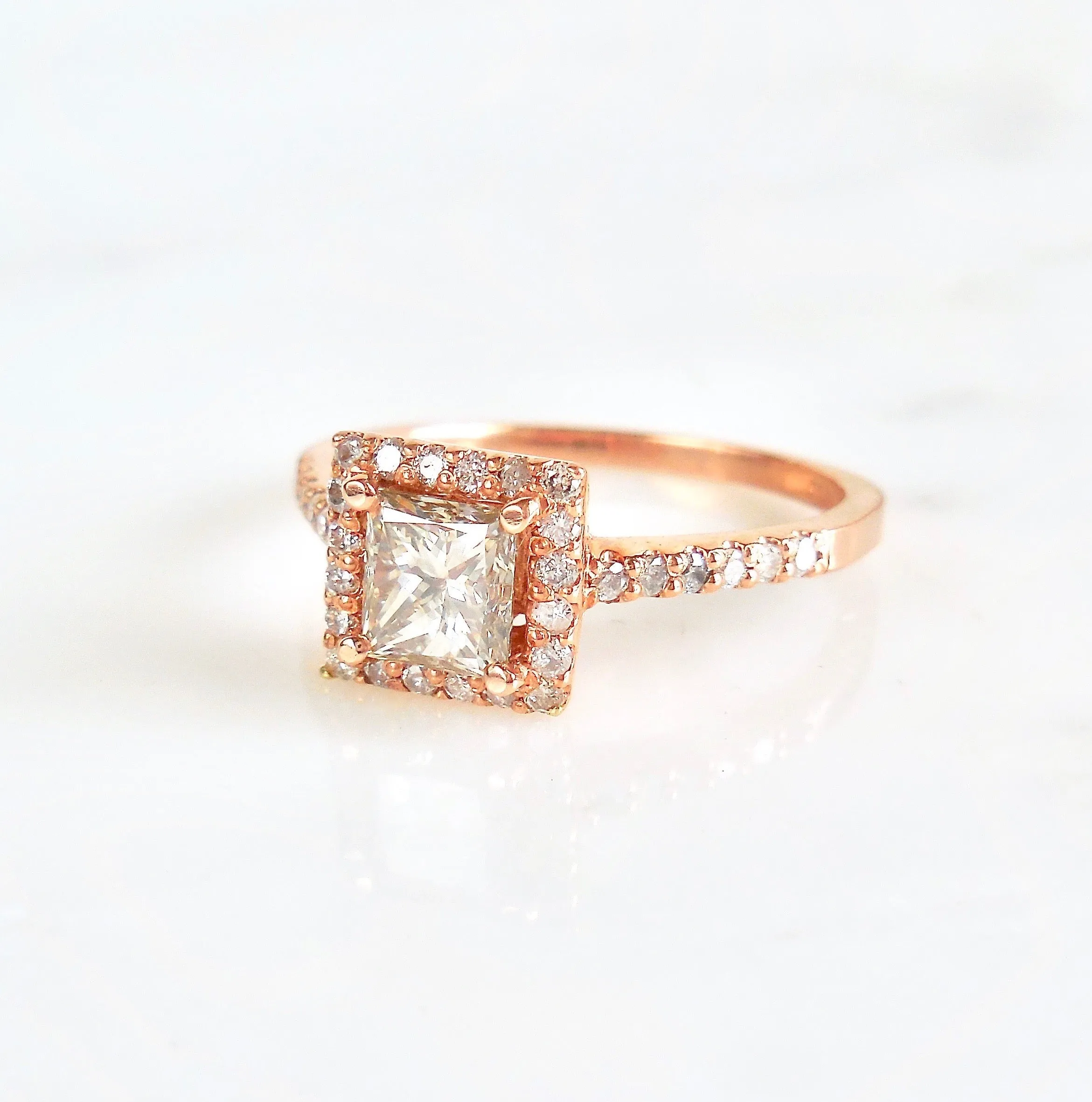 Princess Cut Diamond Halo Ring - Princess Diamond Rose Gold Ring - Rose Gold Womens Diamond Ring