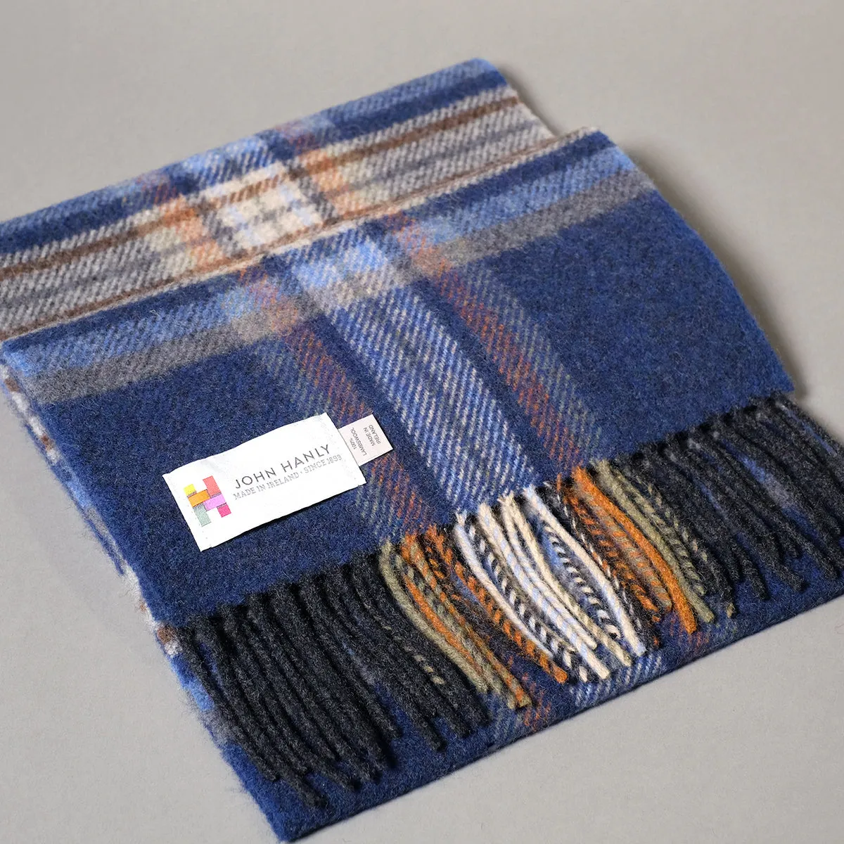 Pure Wool Scarf in Navy, Orange & Ecru Check