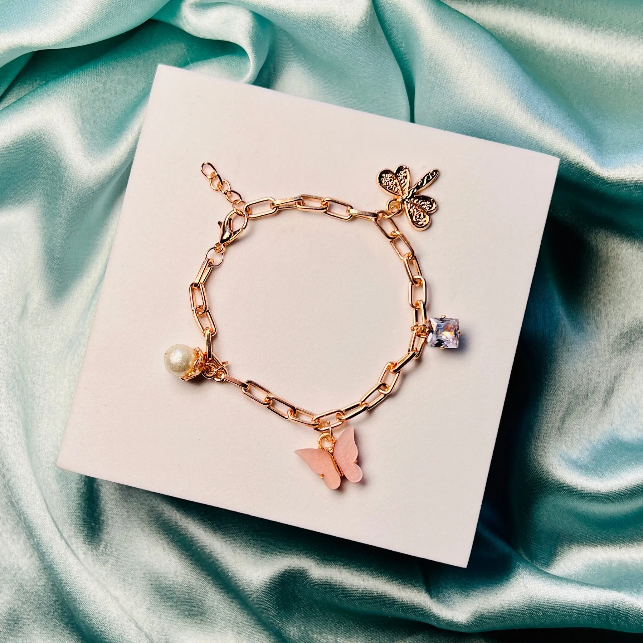 Rack Jack Rose Gold Plated Pink Charms Bracelet Butterfly Pearl Diamond