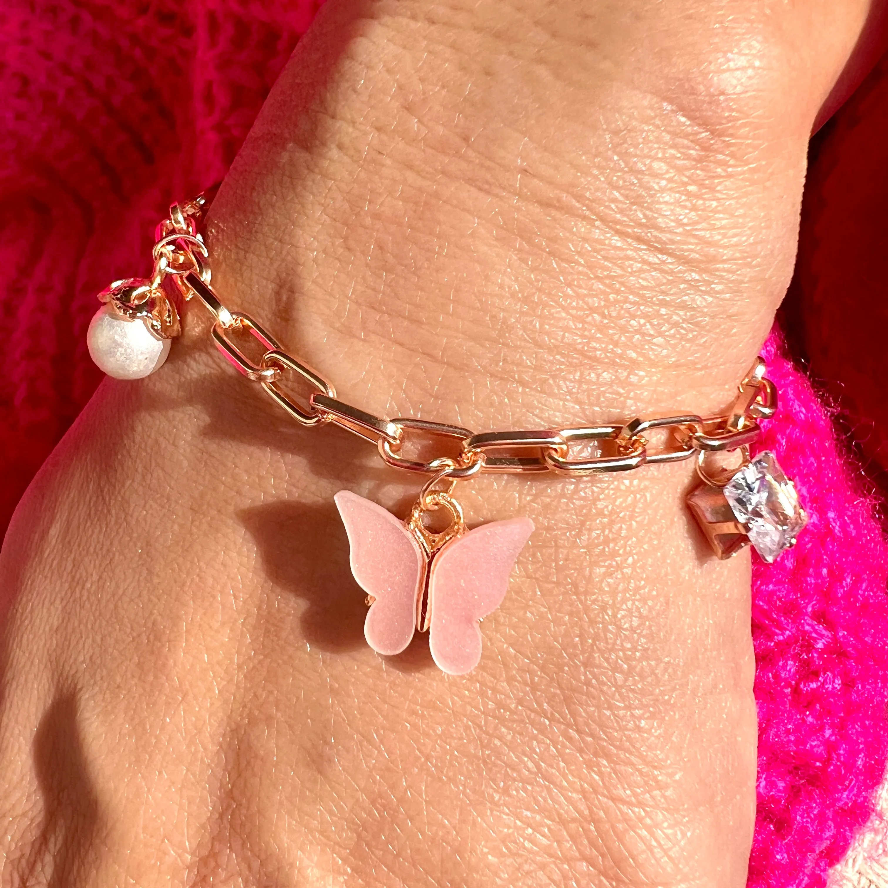 Rack Jack Rose Gold Plated Pink Charms Bracelet Butterfly Pearl Diamond