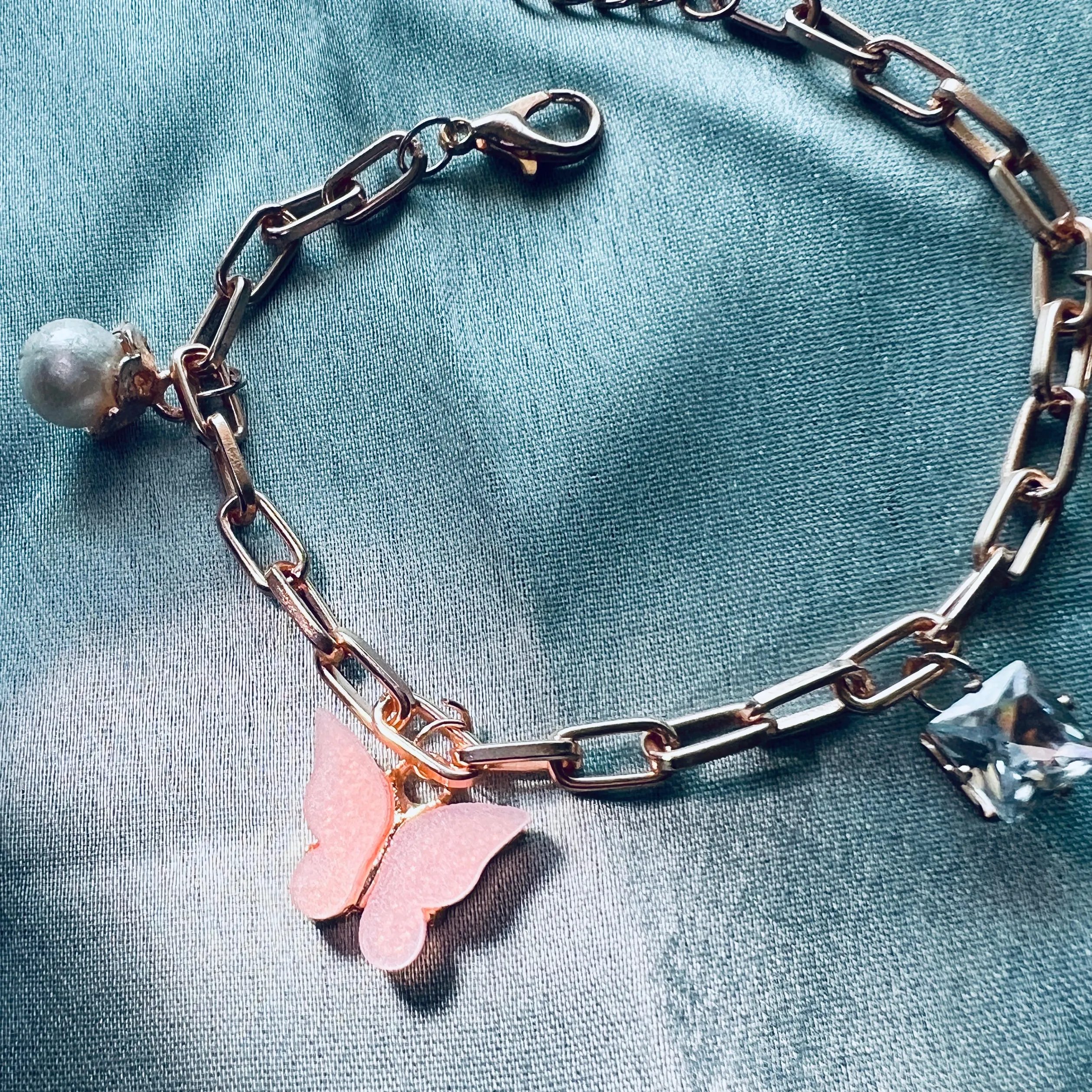 Rack Jack Rose Gold Plated Pink Charms Bracelet Butterfly Pearl Diamond